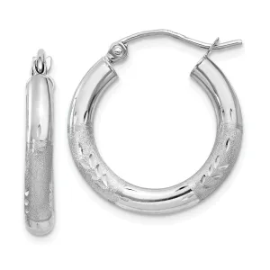 14k White Gold Satin Diamond Cut 3MM Round Hoop