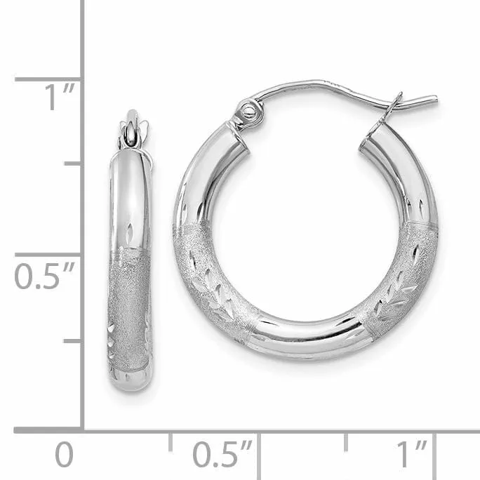 14k White Gold Satin Diamond Cut 3MM Round Hoop