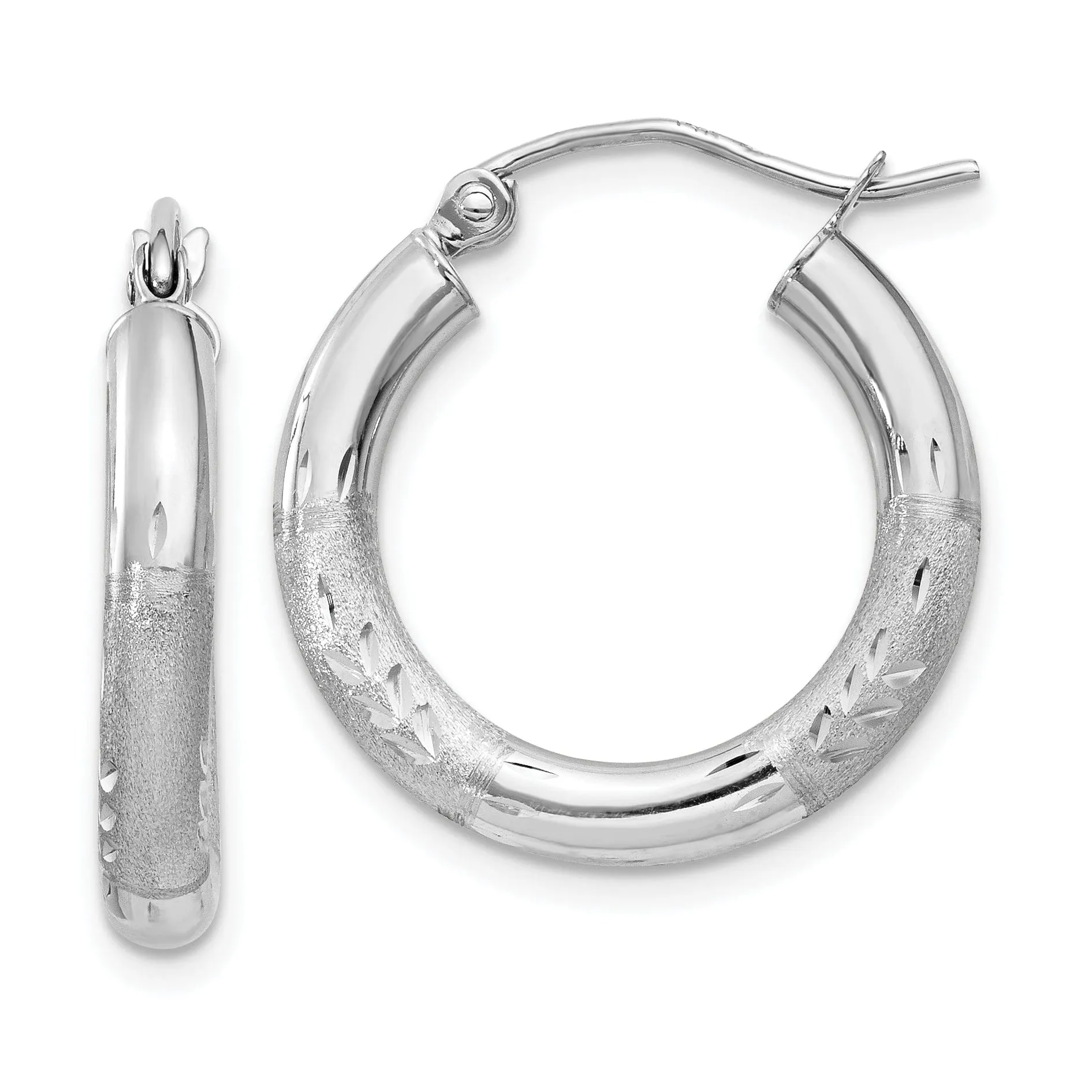 14k White Gold Satin Diamond Cut 3MM Round Hoop