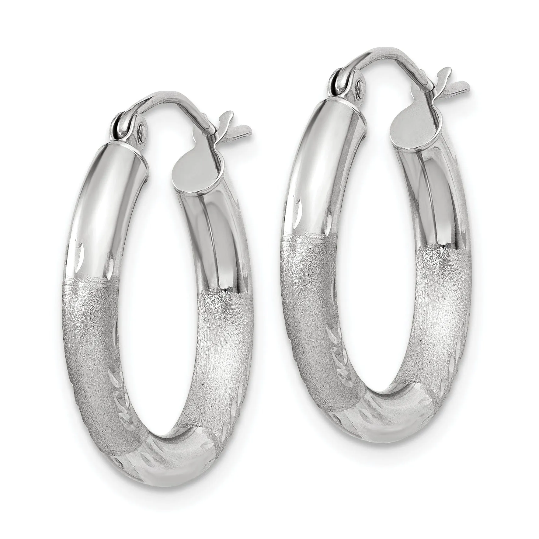 14k White Gold Satin Diamond Cut 3MM Round Hoop