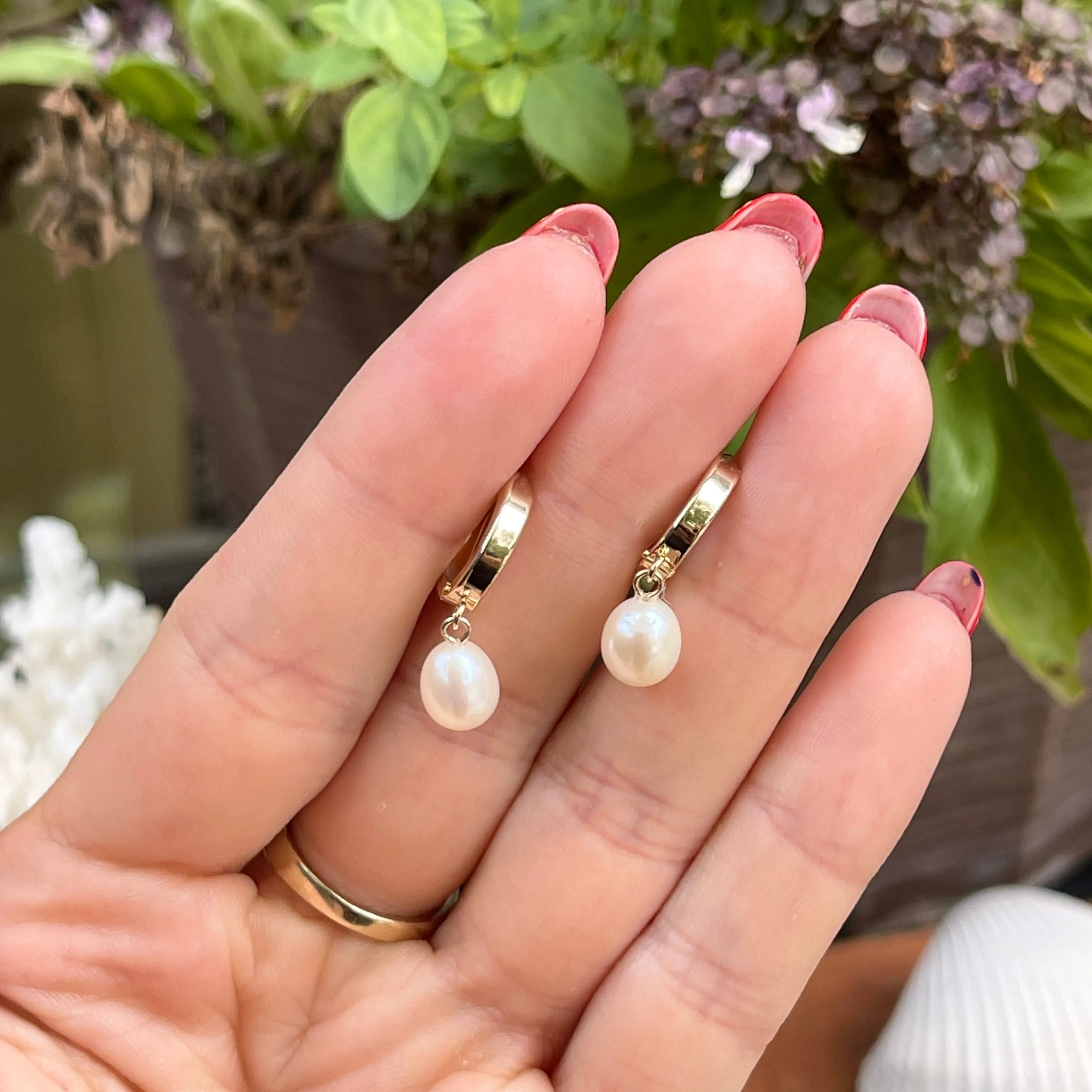 14KT Yellow Gold Freshwater Pearl Charm Huggie Hoop Earrings
