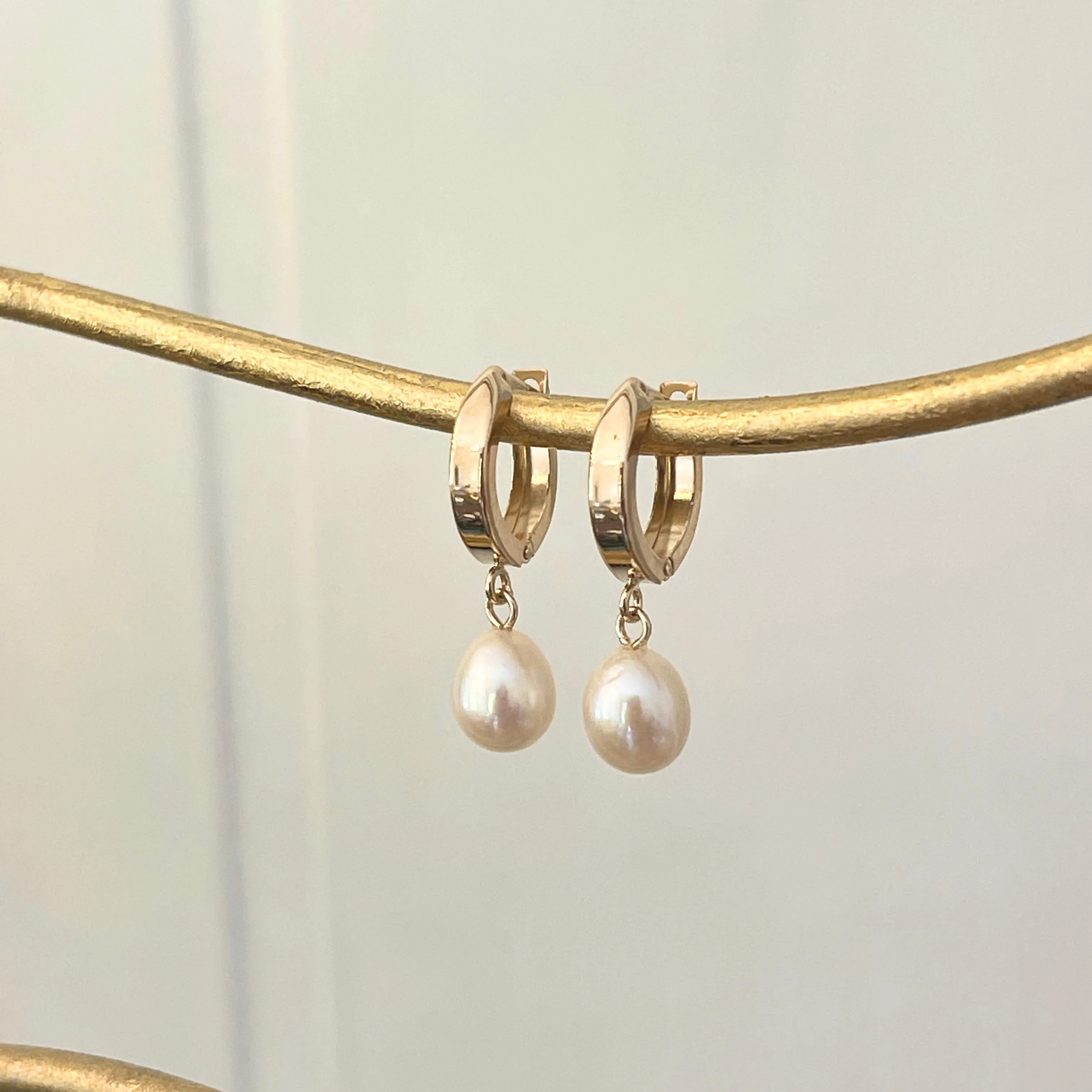 14KT Yellow Gold Freshwater Pearl Charm Huggie Hoop Earrings