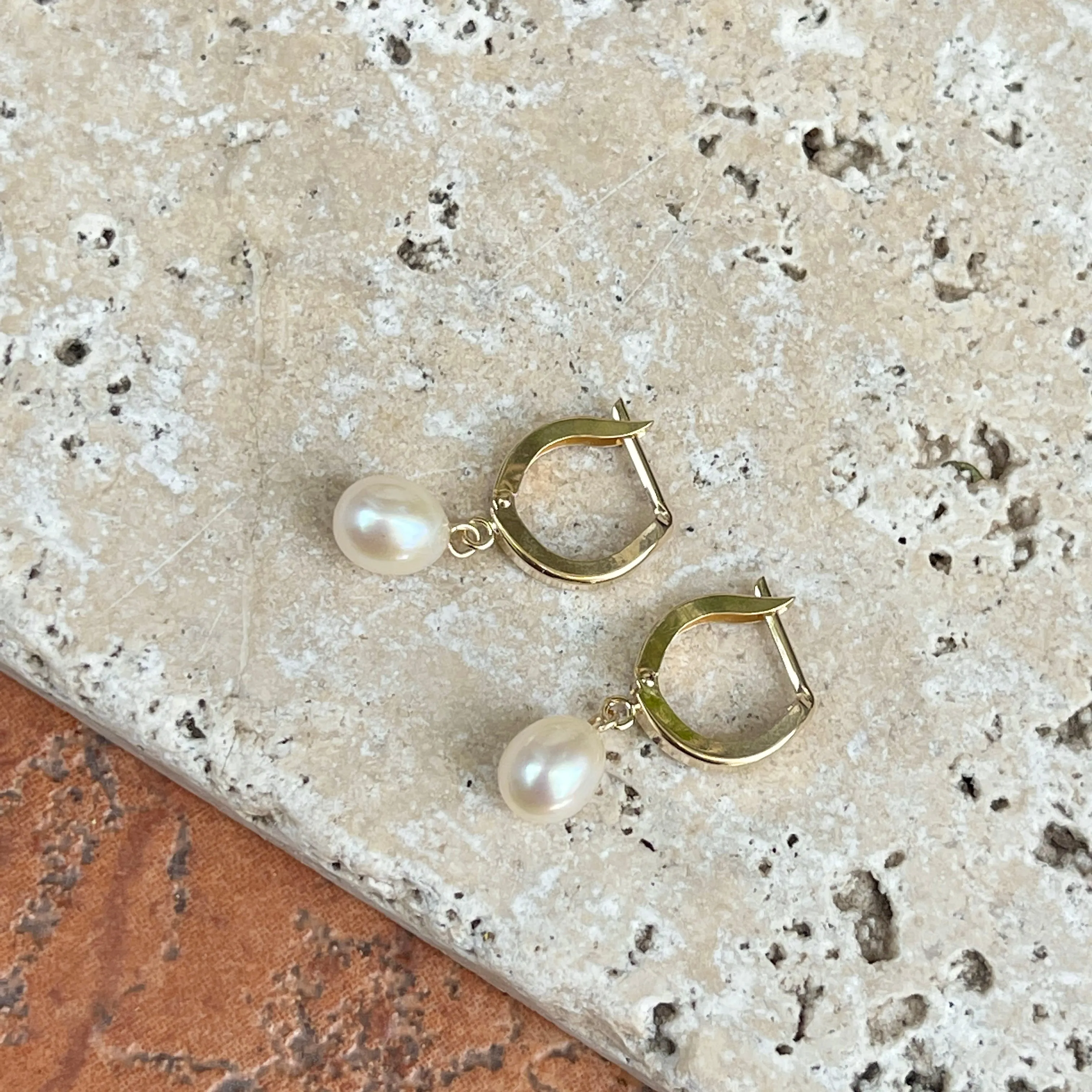14KT Yellow Gold Freshwater Pearl Charm Huggie Hoop Earrings