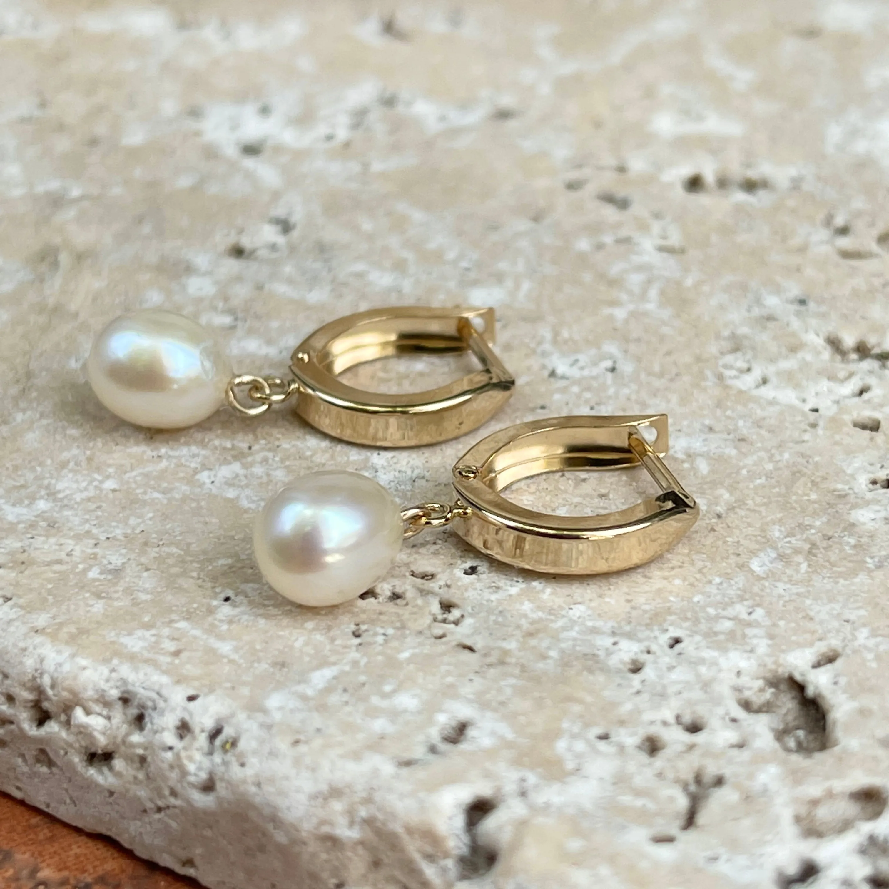 14KT Yellow Gold Freshwater Pearl Charm Huggie Hoop Earrings