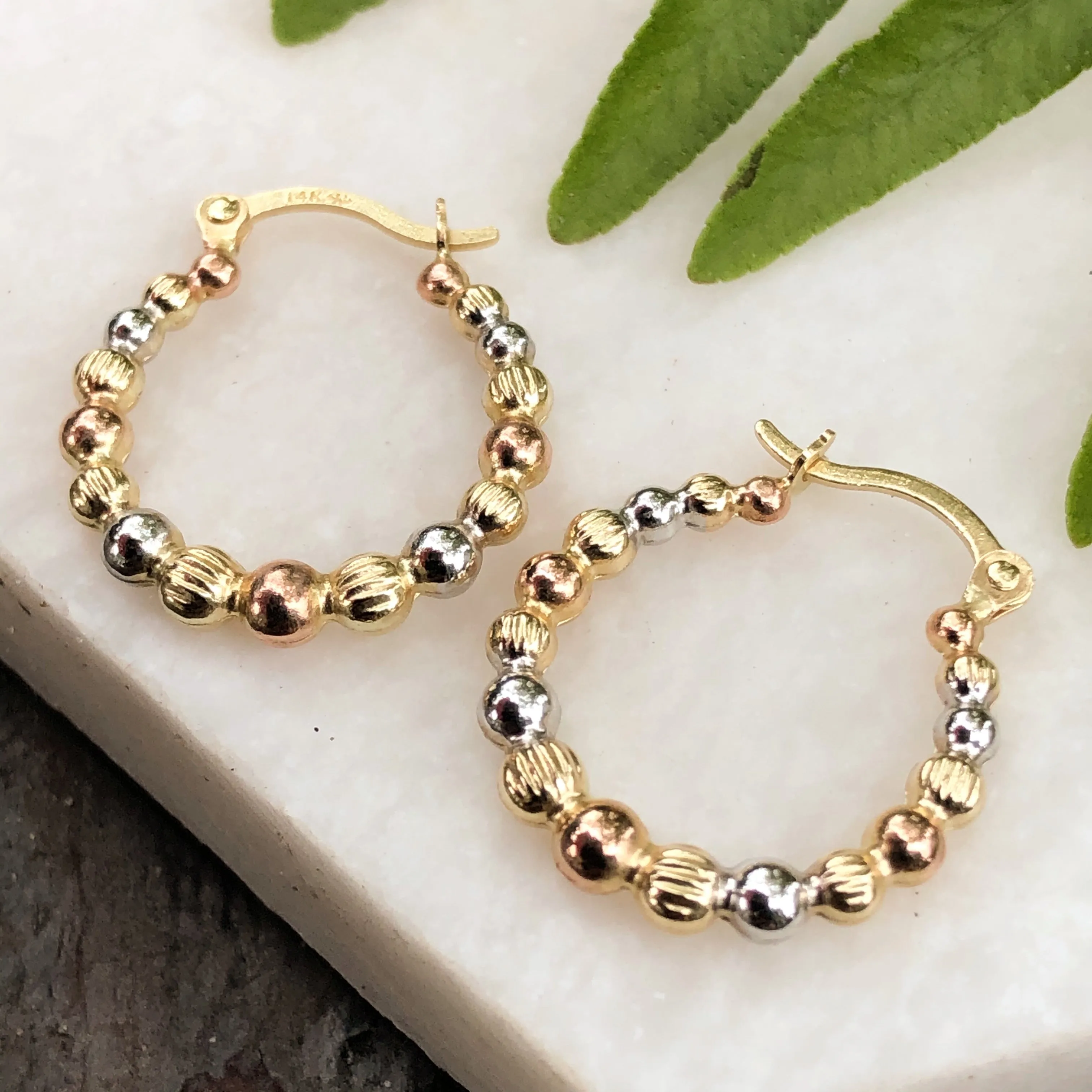 14KT Yellow Gold, Rose   White Rhodium Beaded Hoop Earrings