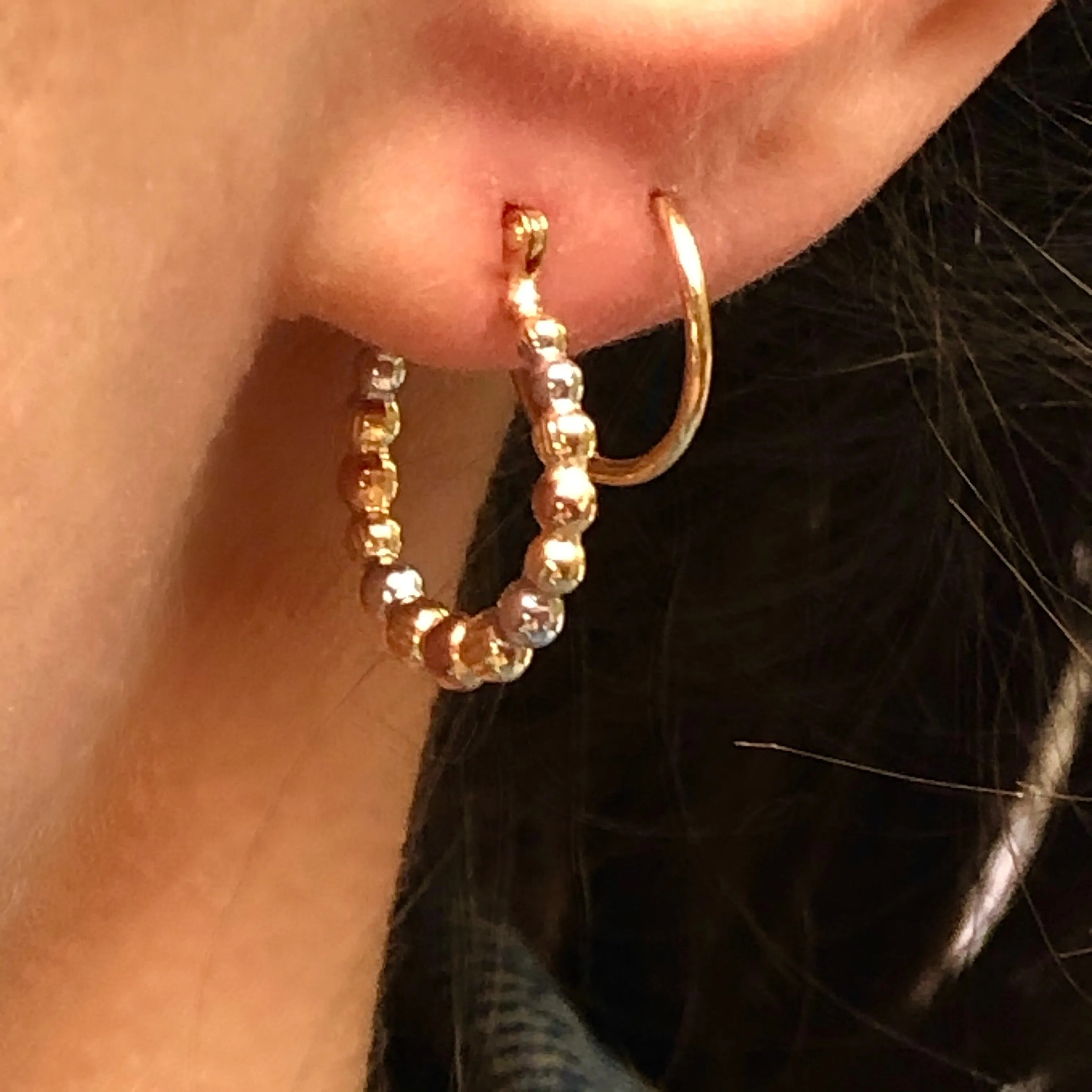 14KT Yellow Gold, Rose   White Rhodium Beaded Hoop Earrings