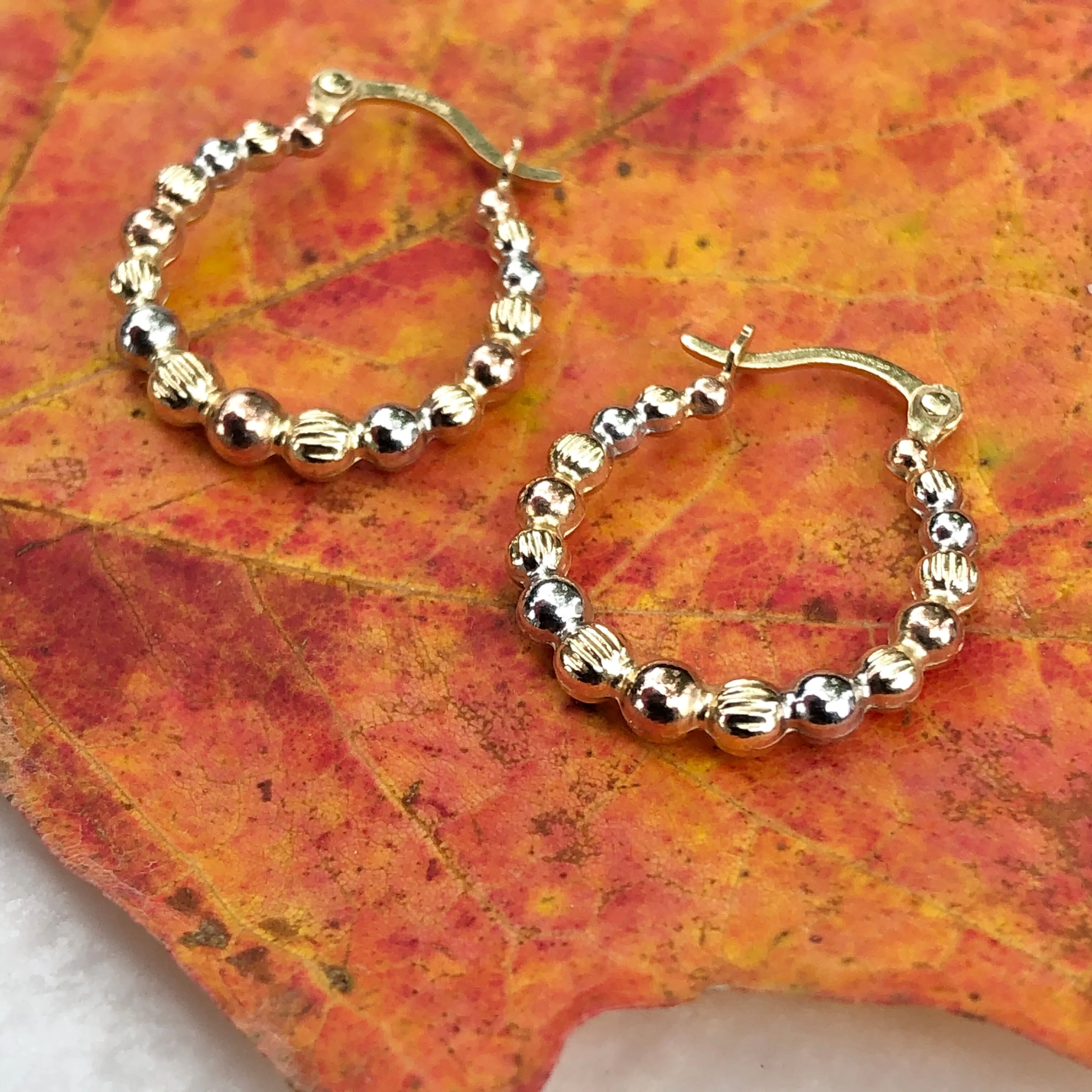 14KT Yellow Gold, Rose   White Rhodium Beaded Hoop Earrings