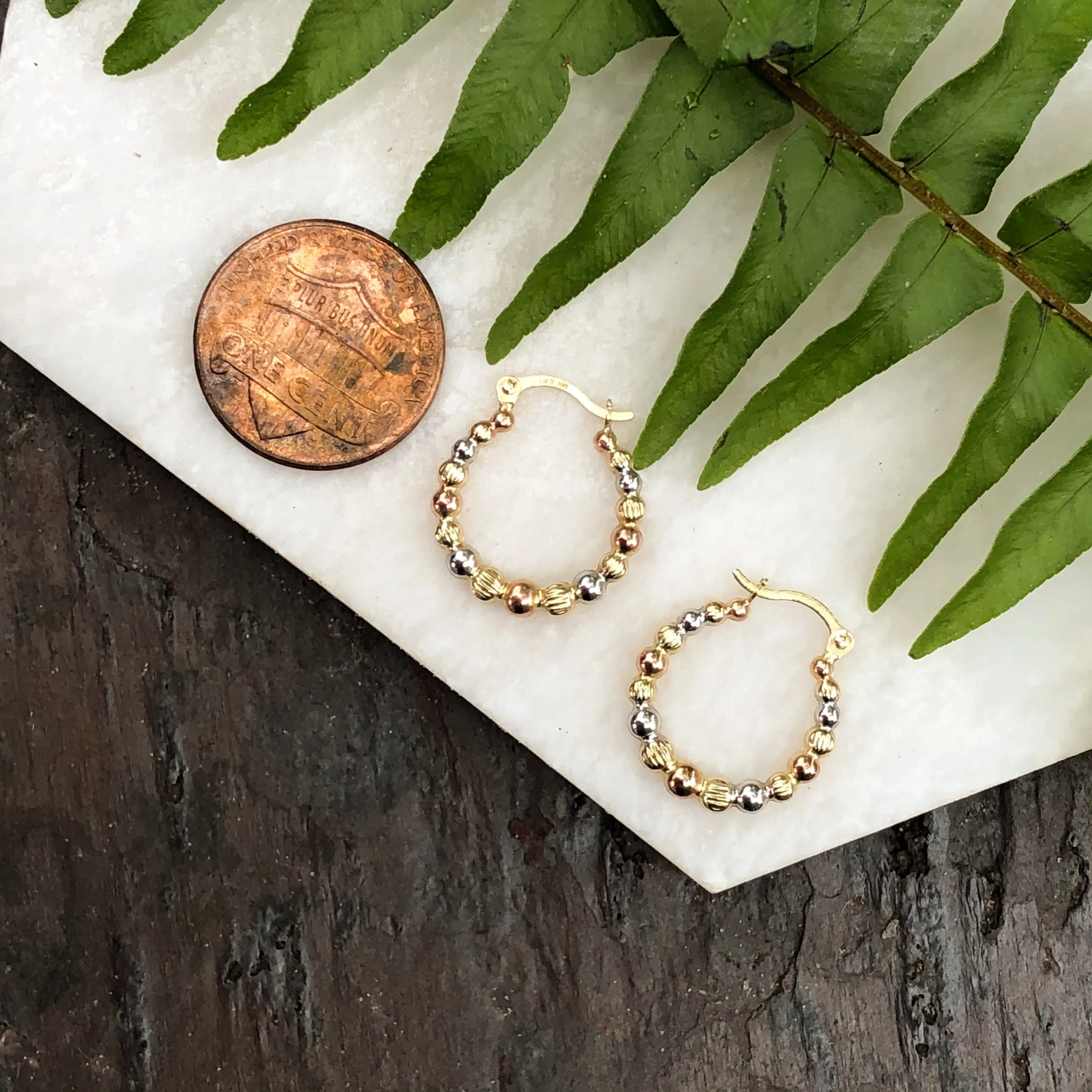 14KT Yellow Gold, Rose   White Rhodium Beaded Hoop Earrings