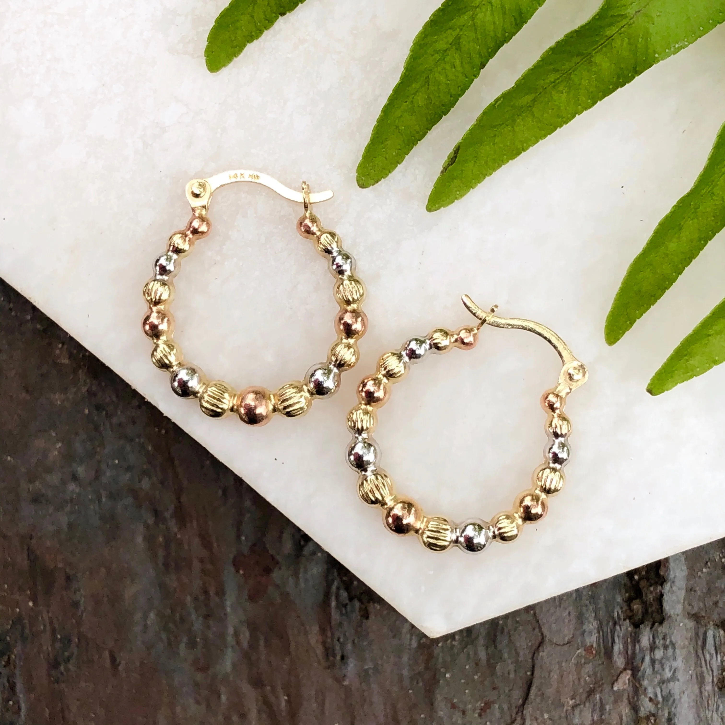 14KT Yellow Gold, Rose   White Rhodium Beaded Hoop Earrings