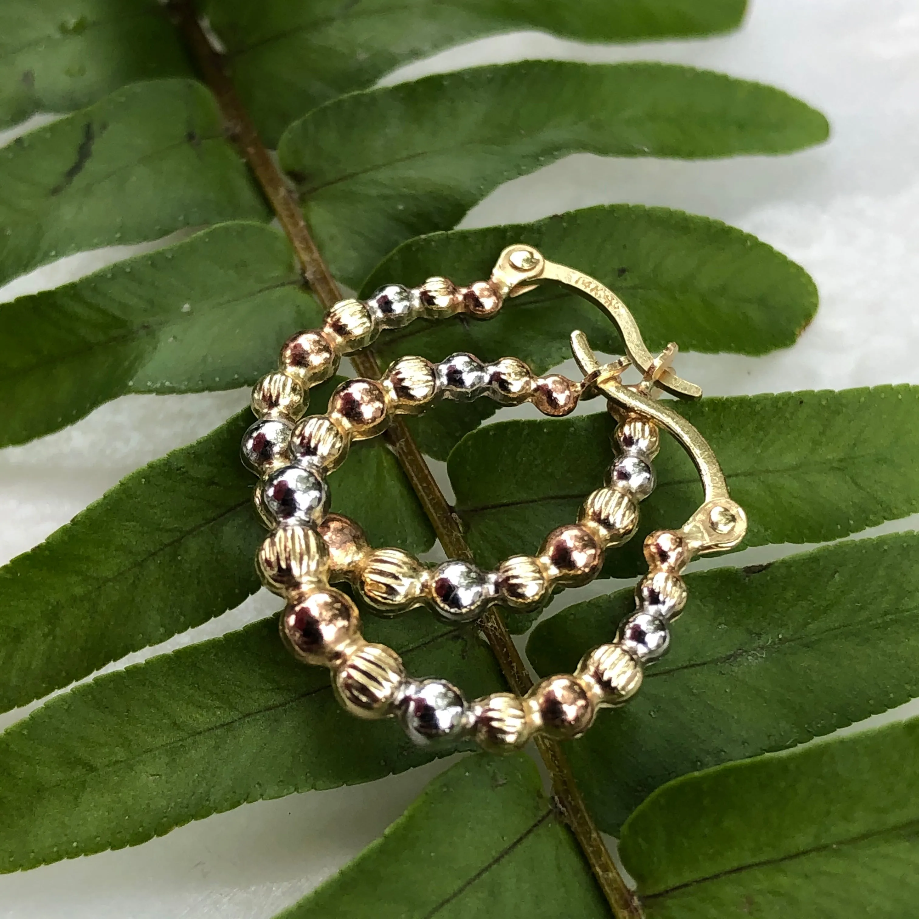 14KT Yellow Gold, Rose   White Rhodium Beaded Hoop Earrings