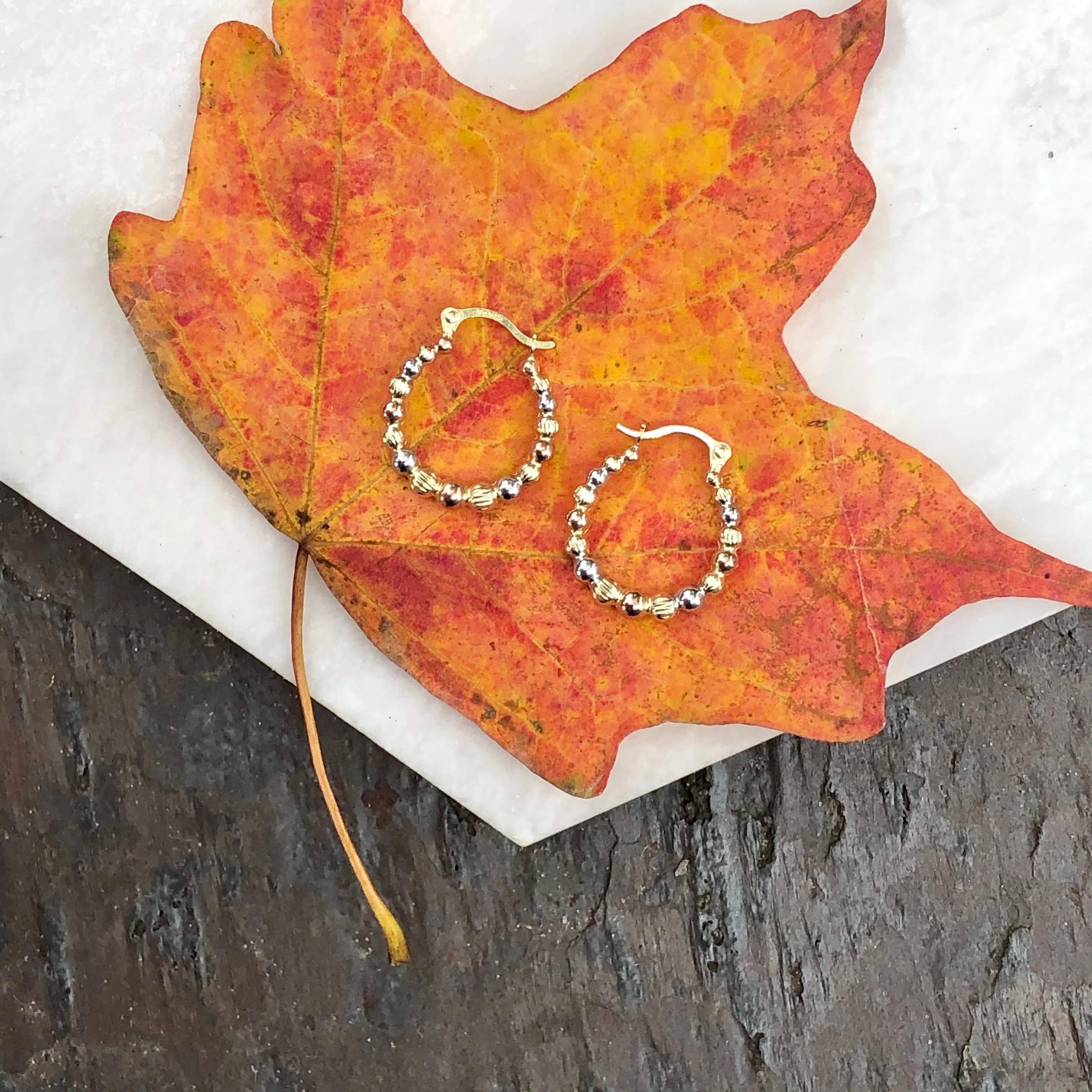 14KT Yellow Gold, Rose   White Rhodium Beaded Hoop Earrings