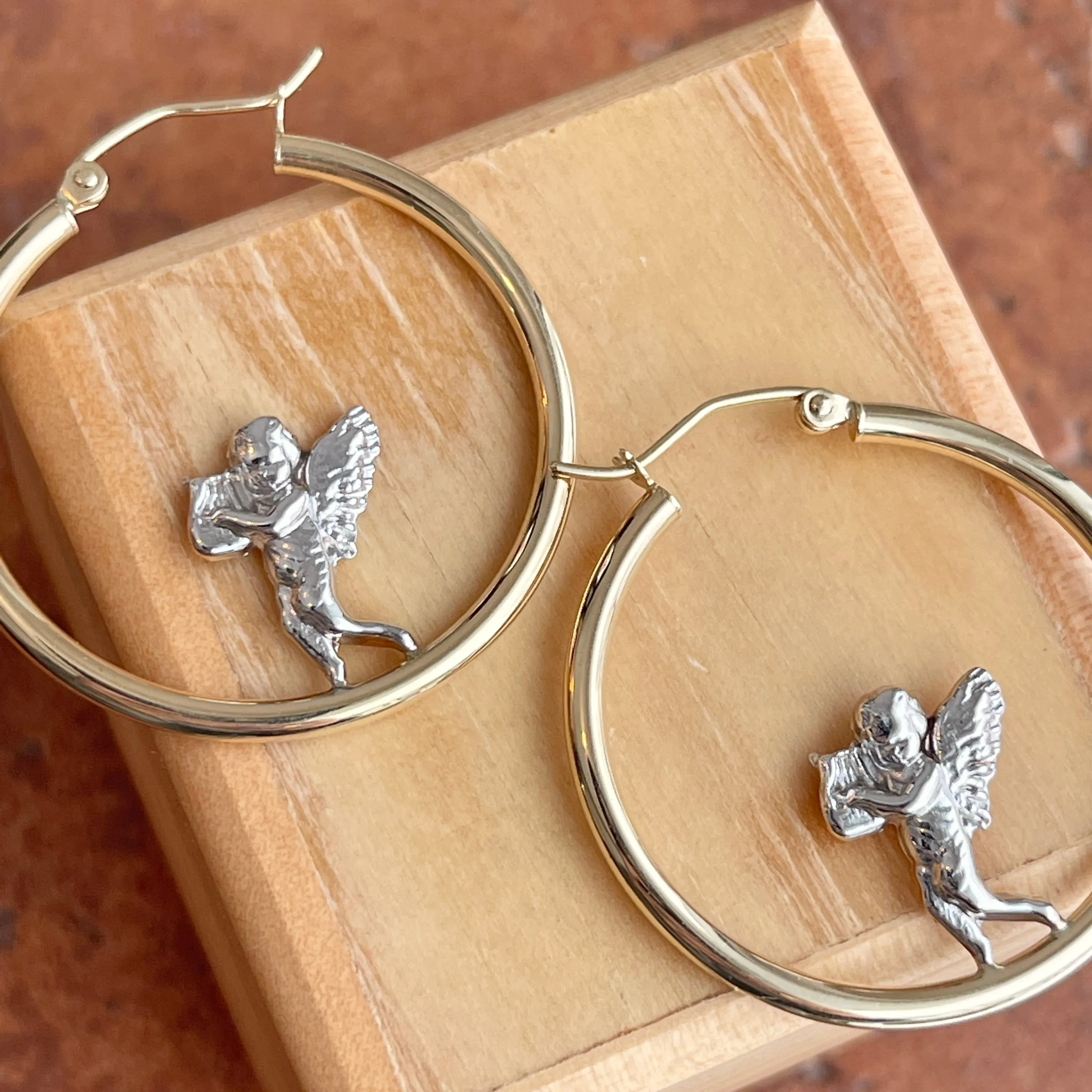 14KT Yellow Gold   White Rhodium Baby Angel Tube Hoop Earrings 30mm