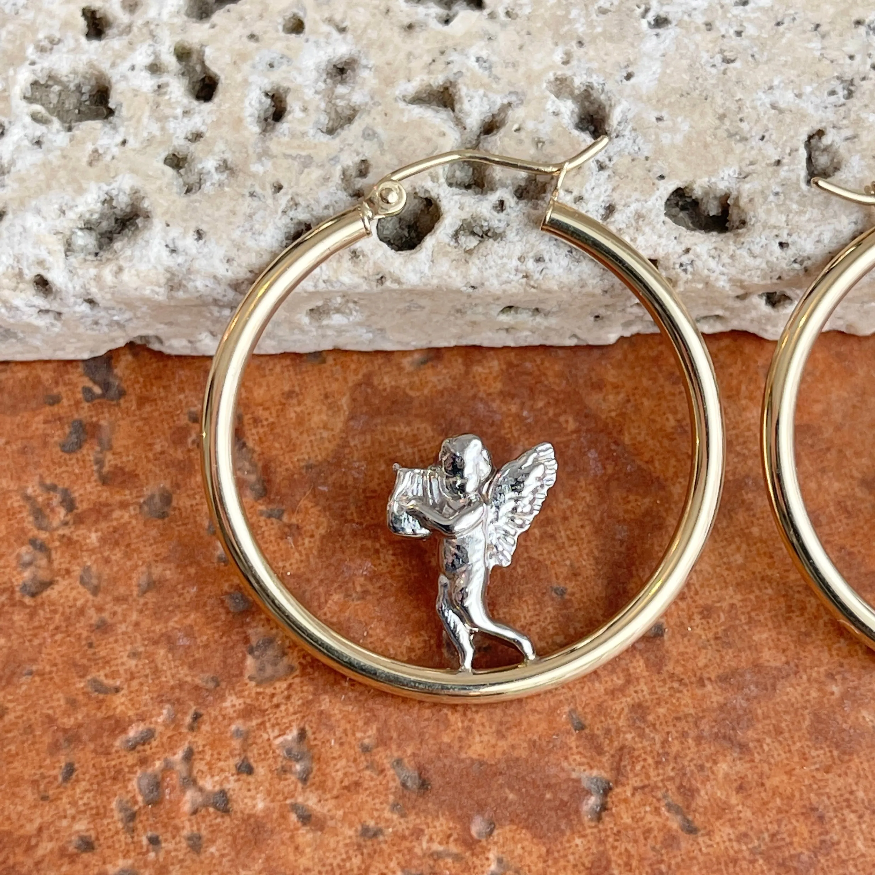 14KT Yellow Gold   White Rhodium Baby Angel Tube Hoop Earrings 30mm
