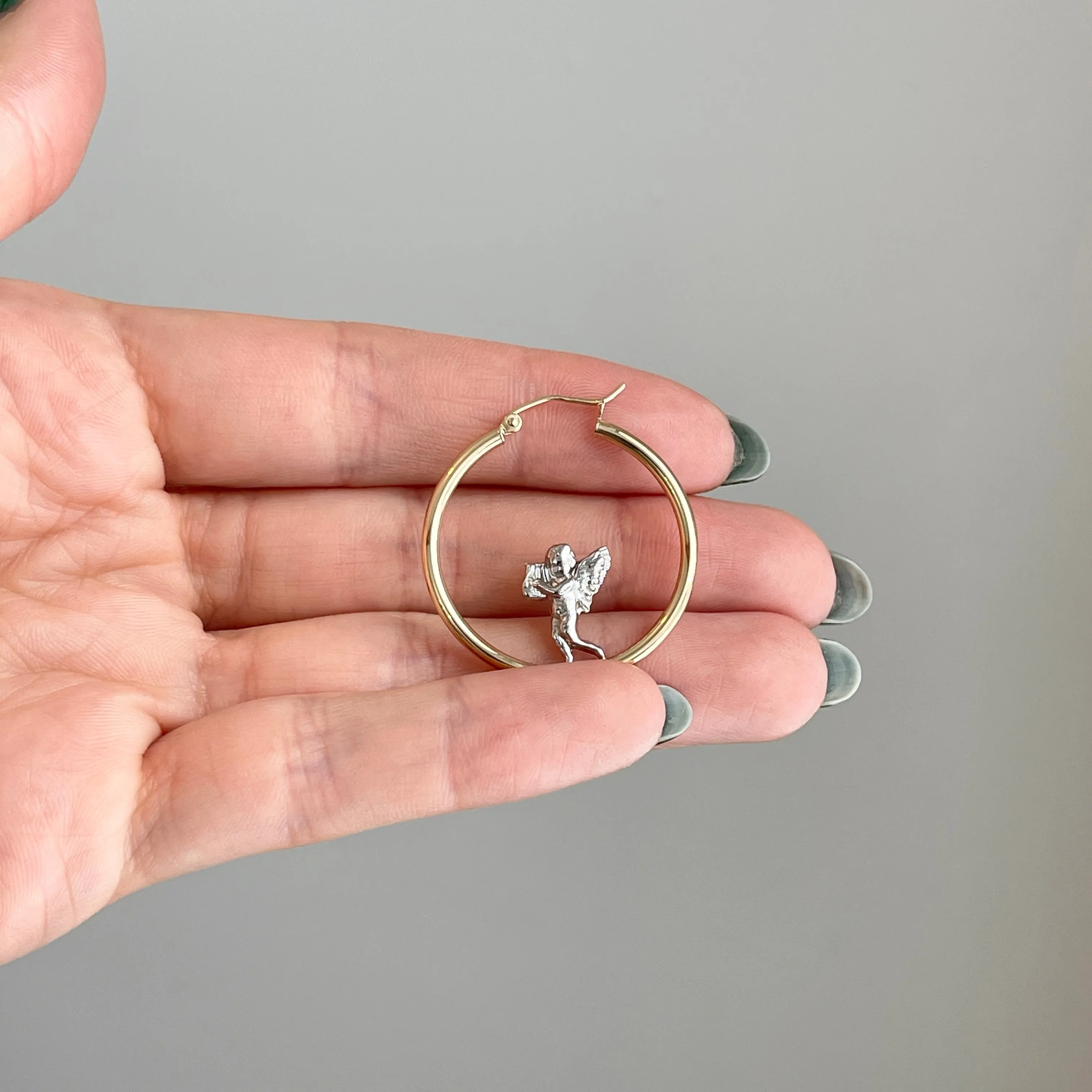 14KT Yellow Gold   White Rhodium Baby Angel Tube Hoop Earrings 30mm