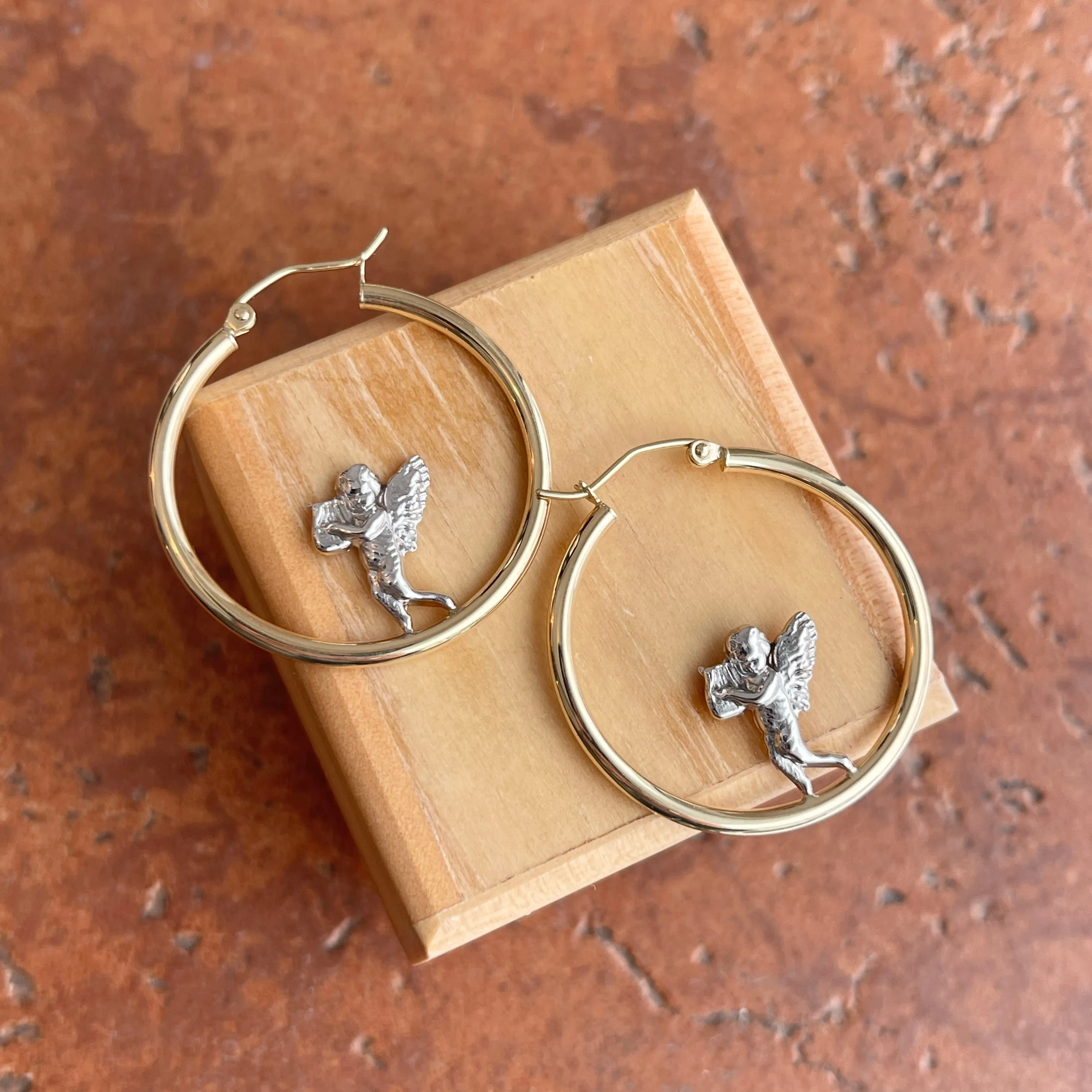 14KT Yellow Gold   White Rhodium Baby Angel Tube Hoop Earrings 30mm
