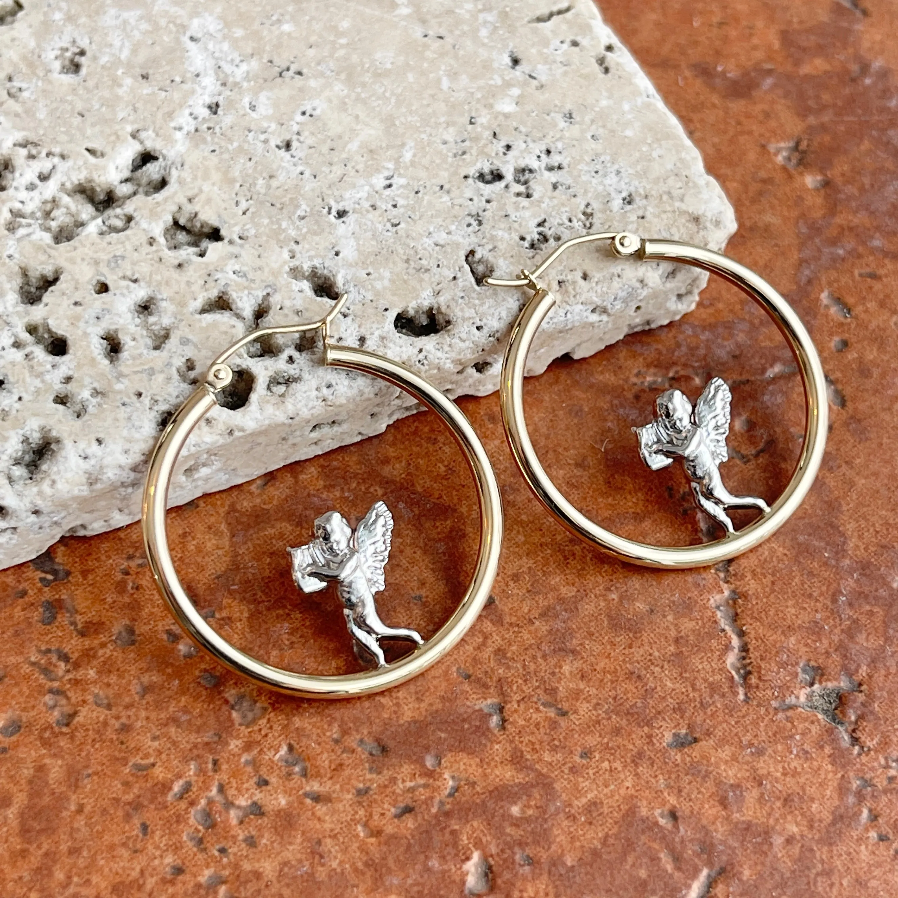 14KT Yellow Gold   White Rhodium Baby Angel Tube Hoop Earrings 30mm