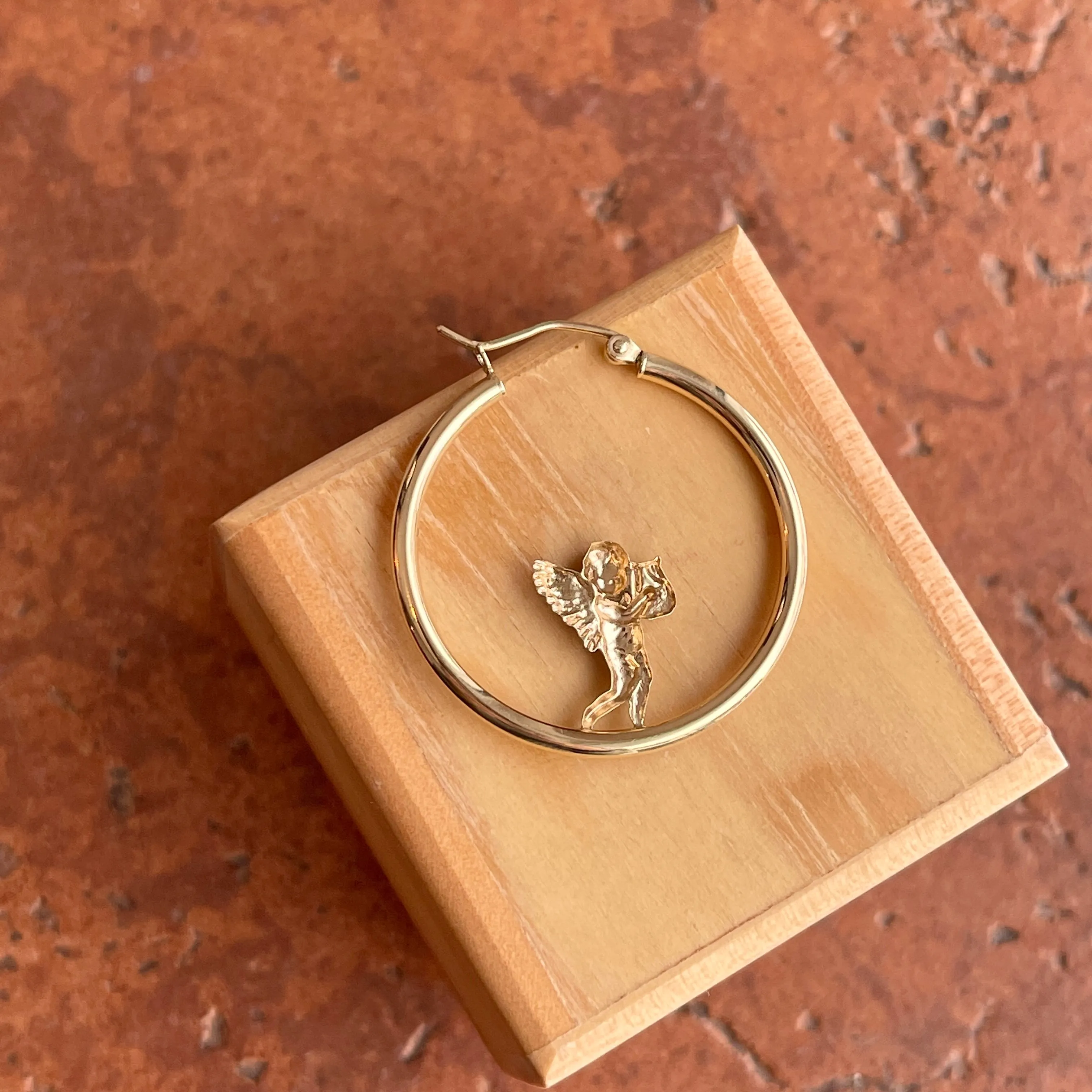 14KT Yellow Gold   White Rhodium Baby Angel Tube Hoop Earrings 30mm