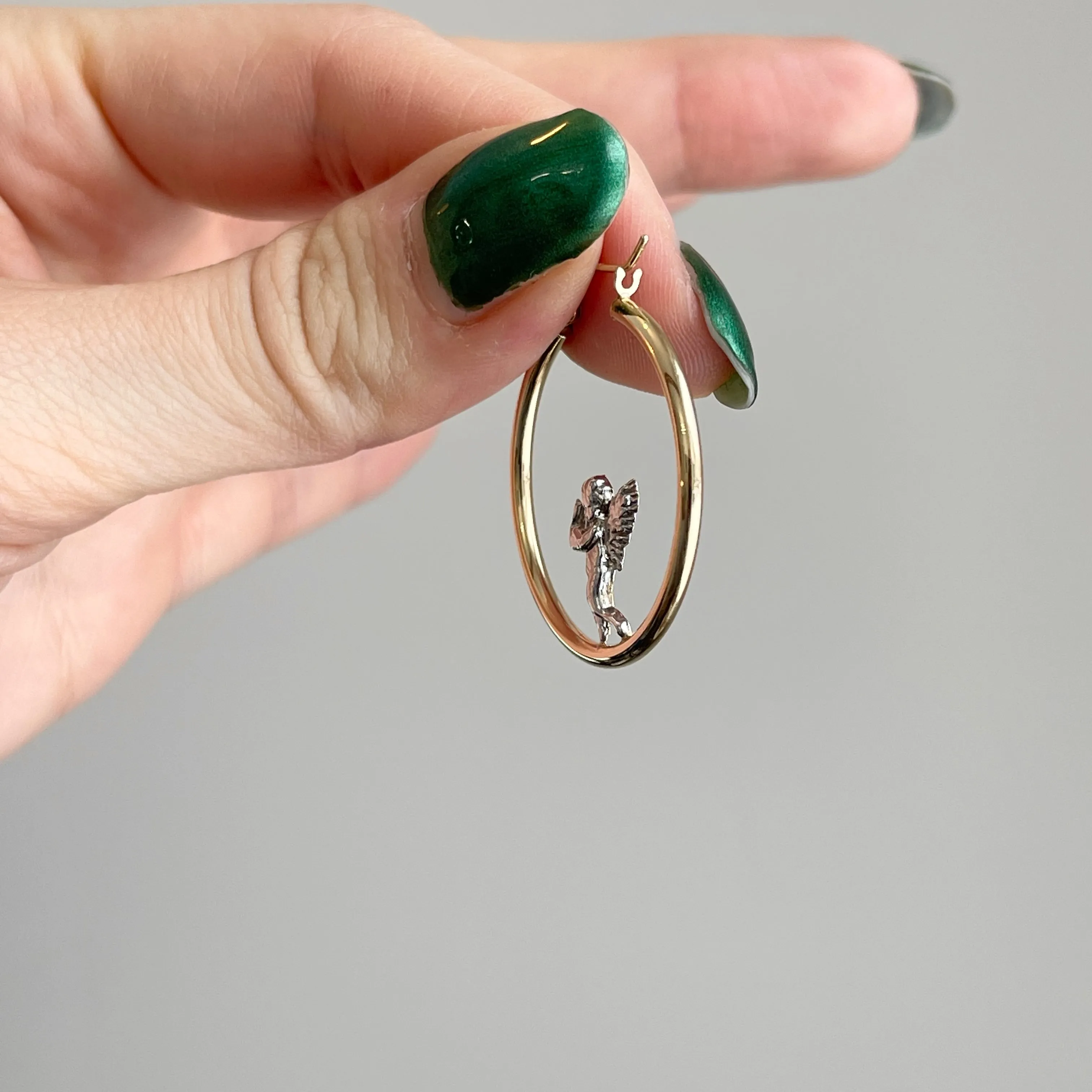 14KT Yellow Gold   White Rhodium Baby Angel Tube Hoop Earrings 30mm
