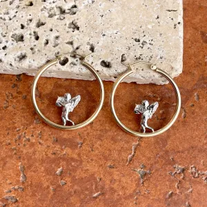 14KT Yellow Gold   White Rhodium Baby Angel Tube Hoop Earrings 30mm