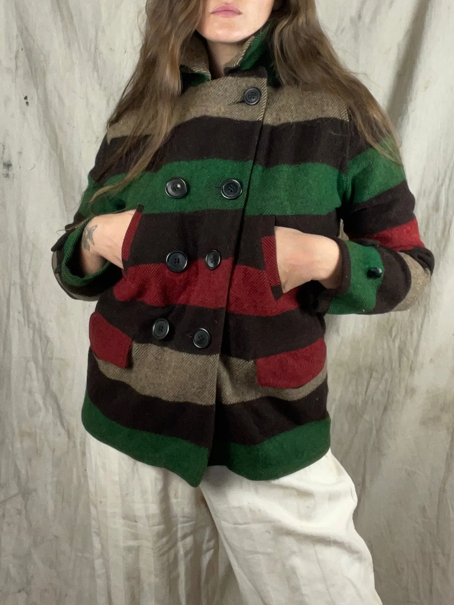1930s Double Breasted Mackinaw Striped Wool Blanket Jacket