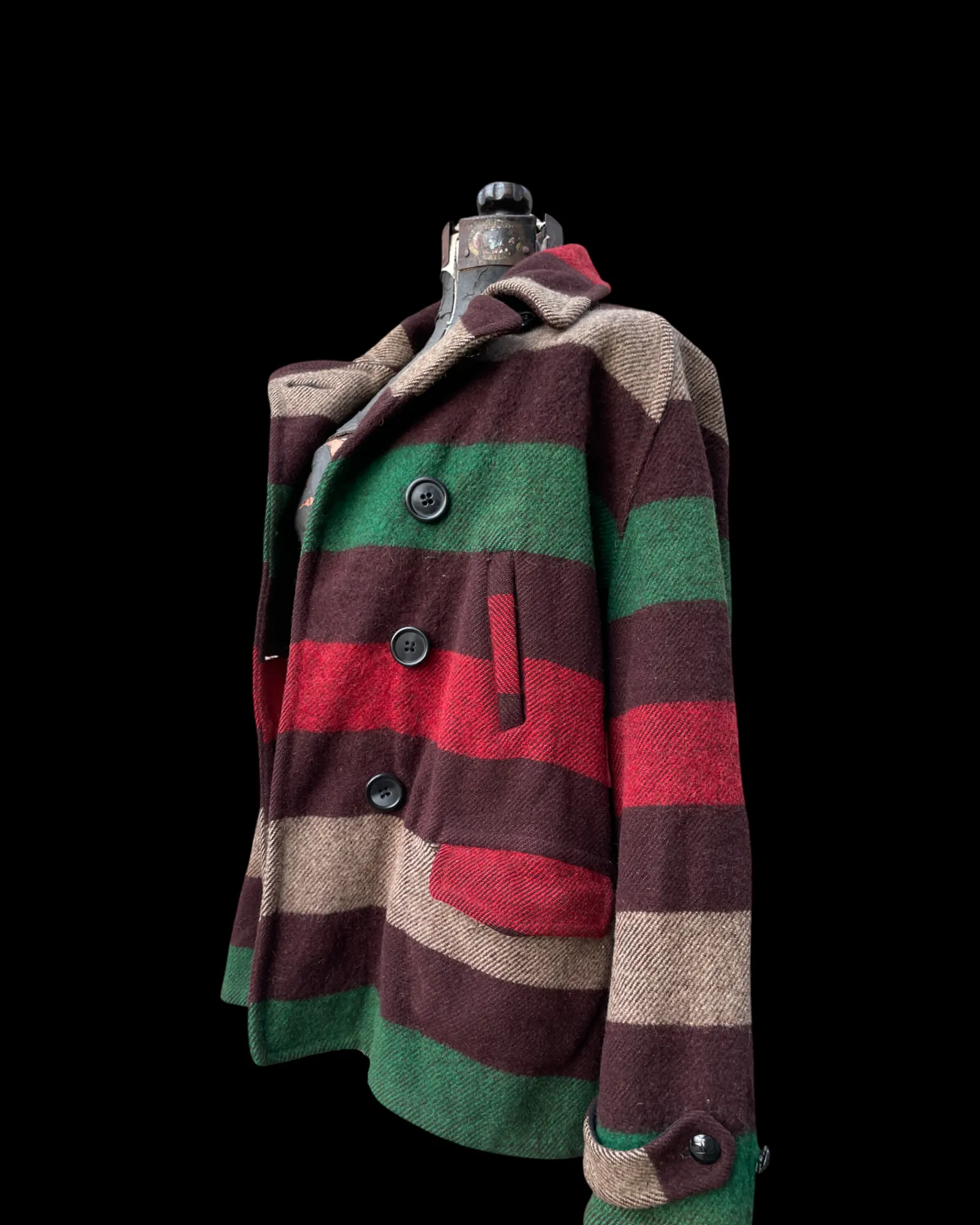 1930s Double Breasted Mackinaw Striped Wool Blanket Jacket