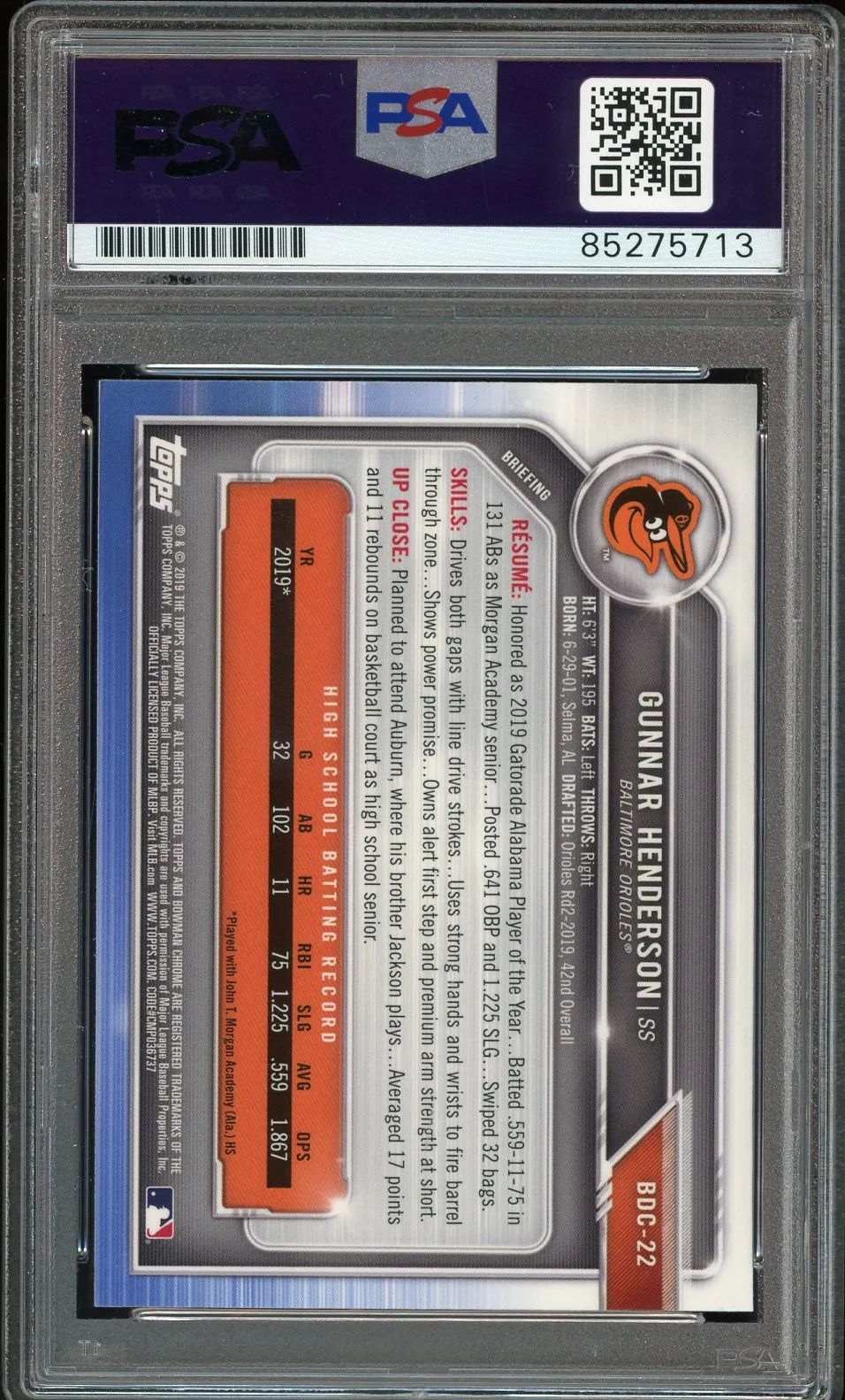 2019 Bowman Draft Chrome Gunnar Henderson RC On Card PSA/DNA Auto GEM MINT 10