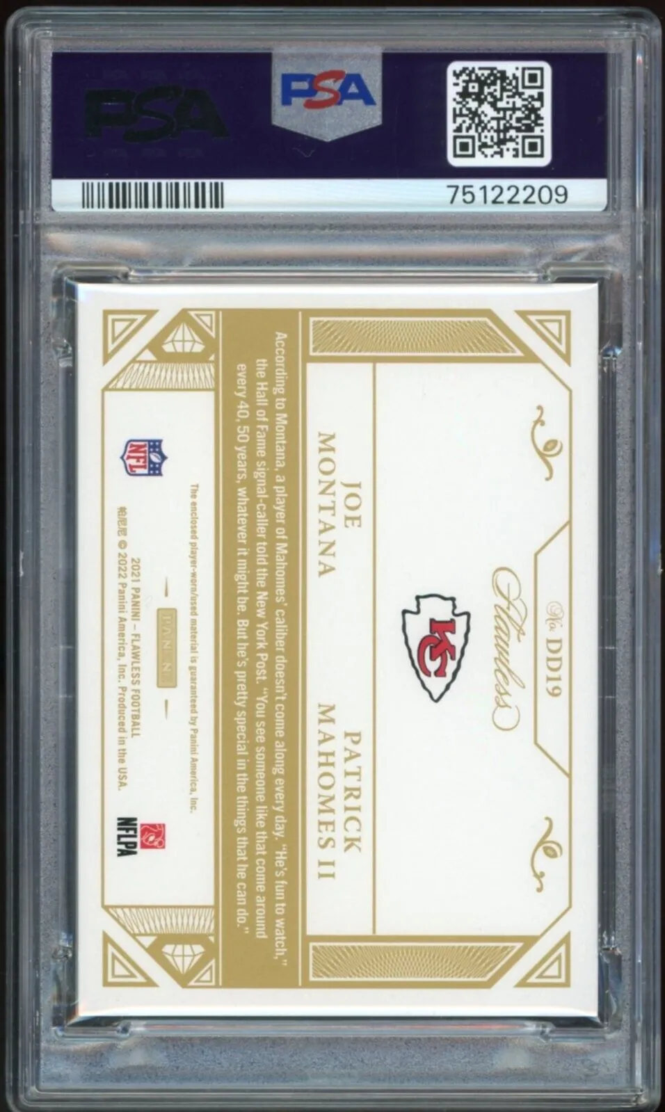 2021 Panini Flawless Joe Montana Patrick Mahomes On Card PSA Authentic Auto 10