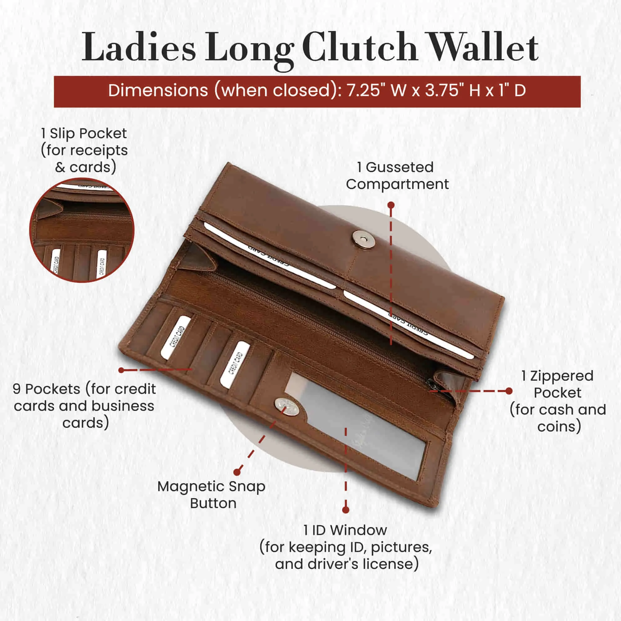 391103 Ladies Long Clutch Wallet in Oak Color Leather | Style n Craft