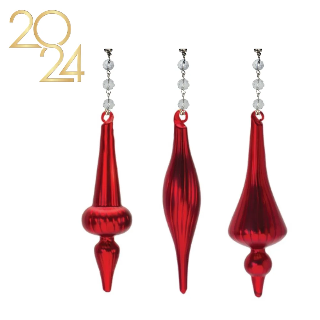 6" RED GLASS FINIAL (Set/1) or (Set/3) MAGNETIC CHANDELIER ORNAMENT - 3 STYLES AVAILABLE