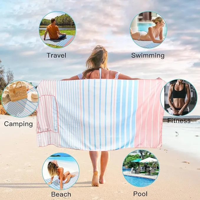 Airensky Microfiber Sand Free Beach Towel 72"x36",Extra Large Lightweight Super Absorbent Thin Fast Drying Towels for Swimming Exercise Bathing Outdoor Hiking Girls Women Adults(Pink Strips)