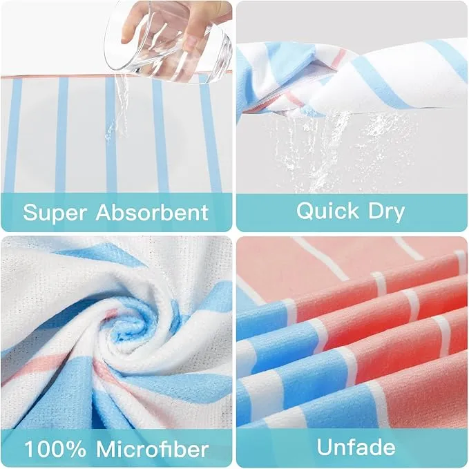 Airensky Microfiber Sand Free Beach Towel 72"x36",Extra Large Lightweight Super Absorbent Thin Fast Drying Towels for Swimming Exercise Bathing Outdoor Hiking Girls Women Adults(Pink Strips)