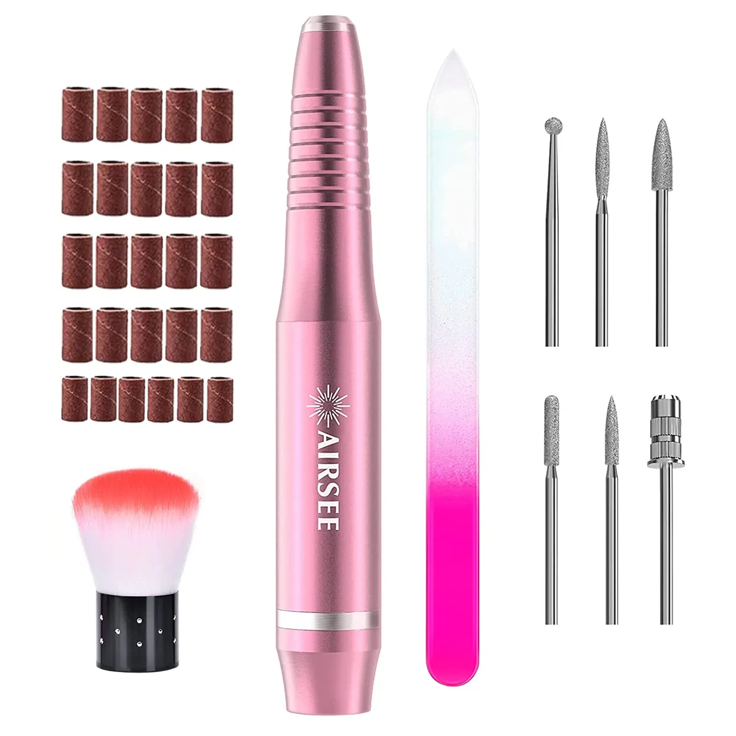 AIRSEE USB Portable Electric Nail Drill Professional Efile Kit for Acrylic, Gel Nails, Polishing Shape Tools with 6Pcs Nail Drill Bits, 26 Sanding Bands, Glass Nail File, Nail Brush (Pink)