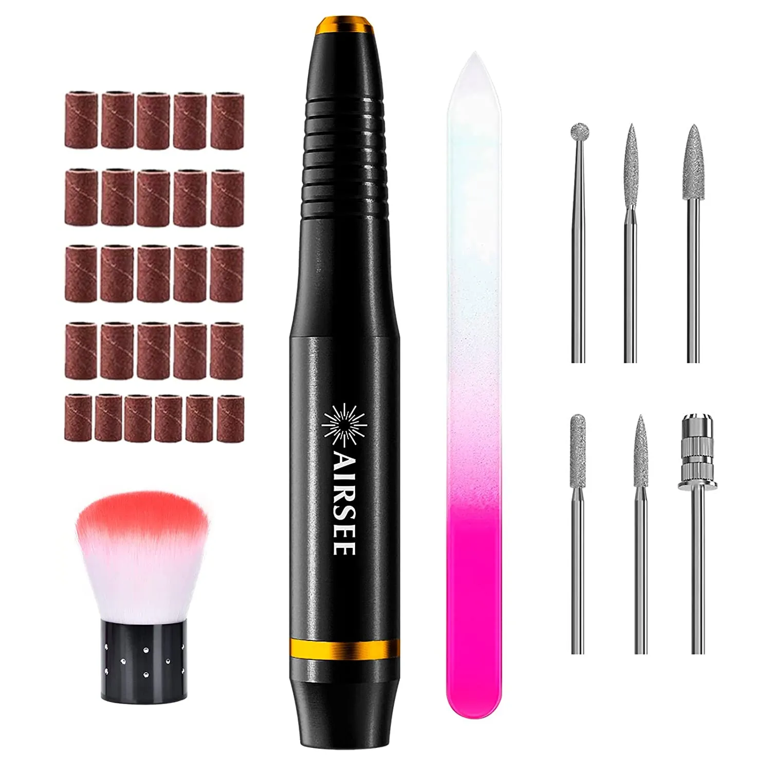 AIRSEE USB Portable Electric Nail Drill Professional Efile Kit for Acrylic, Gel Nails, Polishing Shape Tools with 6Pcs Nail Drill Bits, 26 Sanding Bands, Glass Nail File, Nail Brush (Pink)