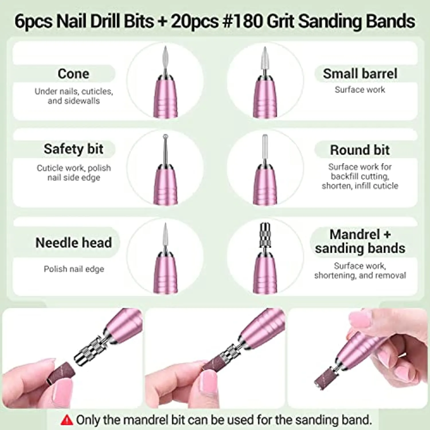 AIRSEE USB Portable Electric Nail Drill Professional Efile Kit for Acrylic, Gel Nails, Polishing Shape Tools with 6Pcs Nail Drill Bits, 26 Sanding Bands, Glass Nail File, Nail Brush (Pink)