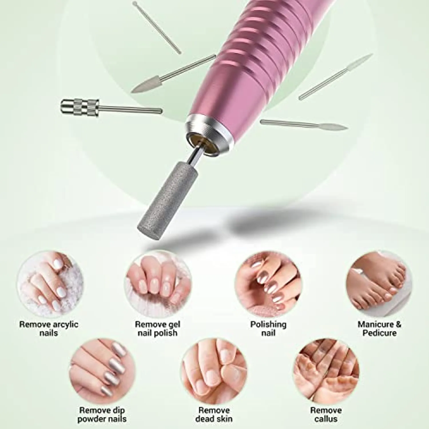 AIRSEE USB Portable Electric Nail Drill Professional Efile Kit for Acrylic, Gel Nails, Polishing Shape Tools with 6Pcs Nail Drill Bits, 26 Sanding Bands, Glass Nail File, Nail Brush (Pink)