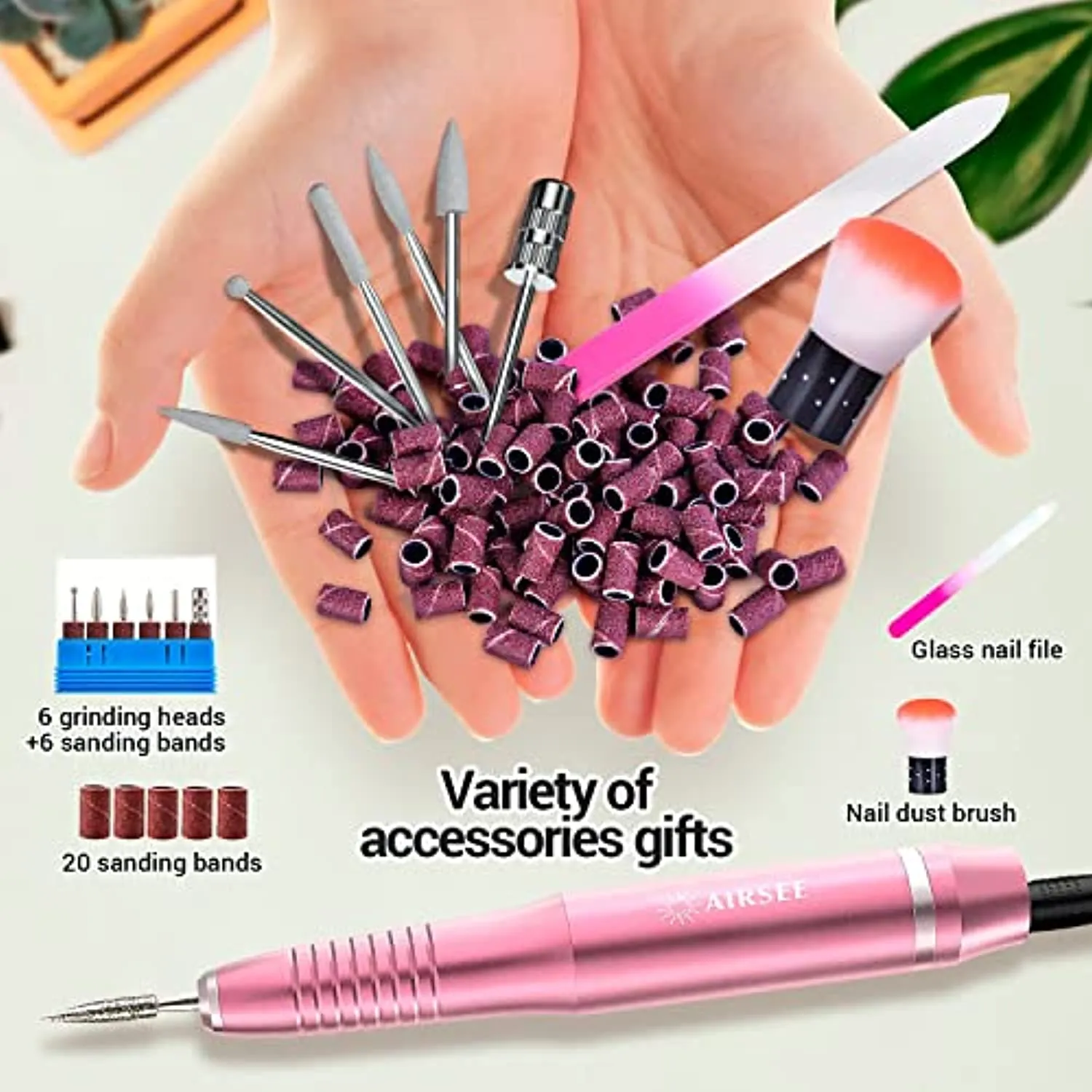 AIRSEE USB Portable Electric Nail Drill Professional Efile Kit for Acrylic, Gel Nails, Polishing Shape Tools with 6Pcs Nail Drill Bits, 26 Sanding Bands, Glass Nail File, Nail Brush (Pink)