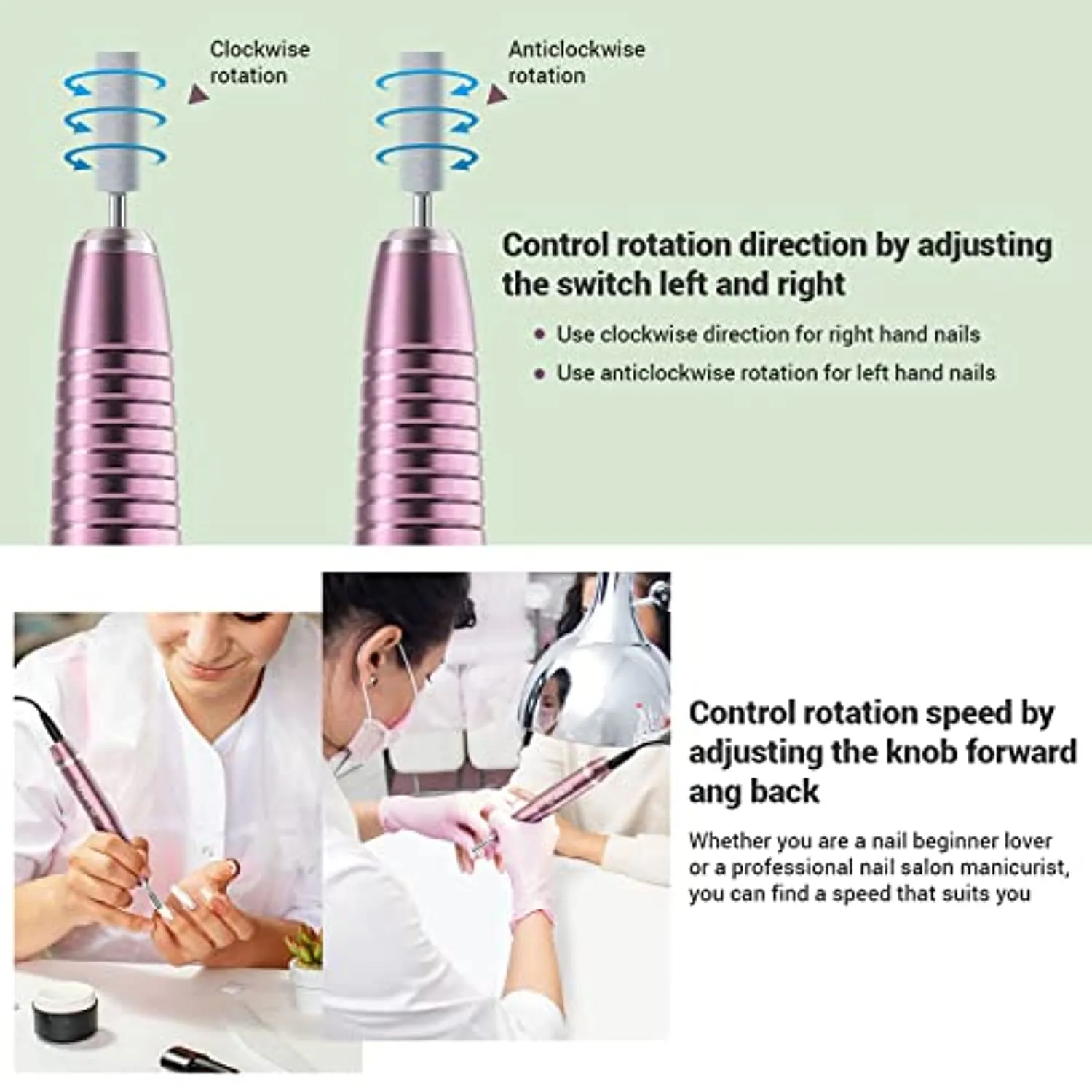 AIRSEE USB Portable Electric Nail Drill Professional Efile Kit for Acrylic, Gel Nails, Polishing Shape Tools with 6Pcs Nail Drill Bits, 26 Sanding Bands, Glass Nail File, Nail Brush (Pink)
