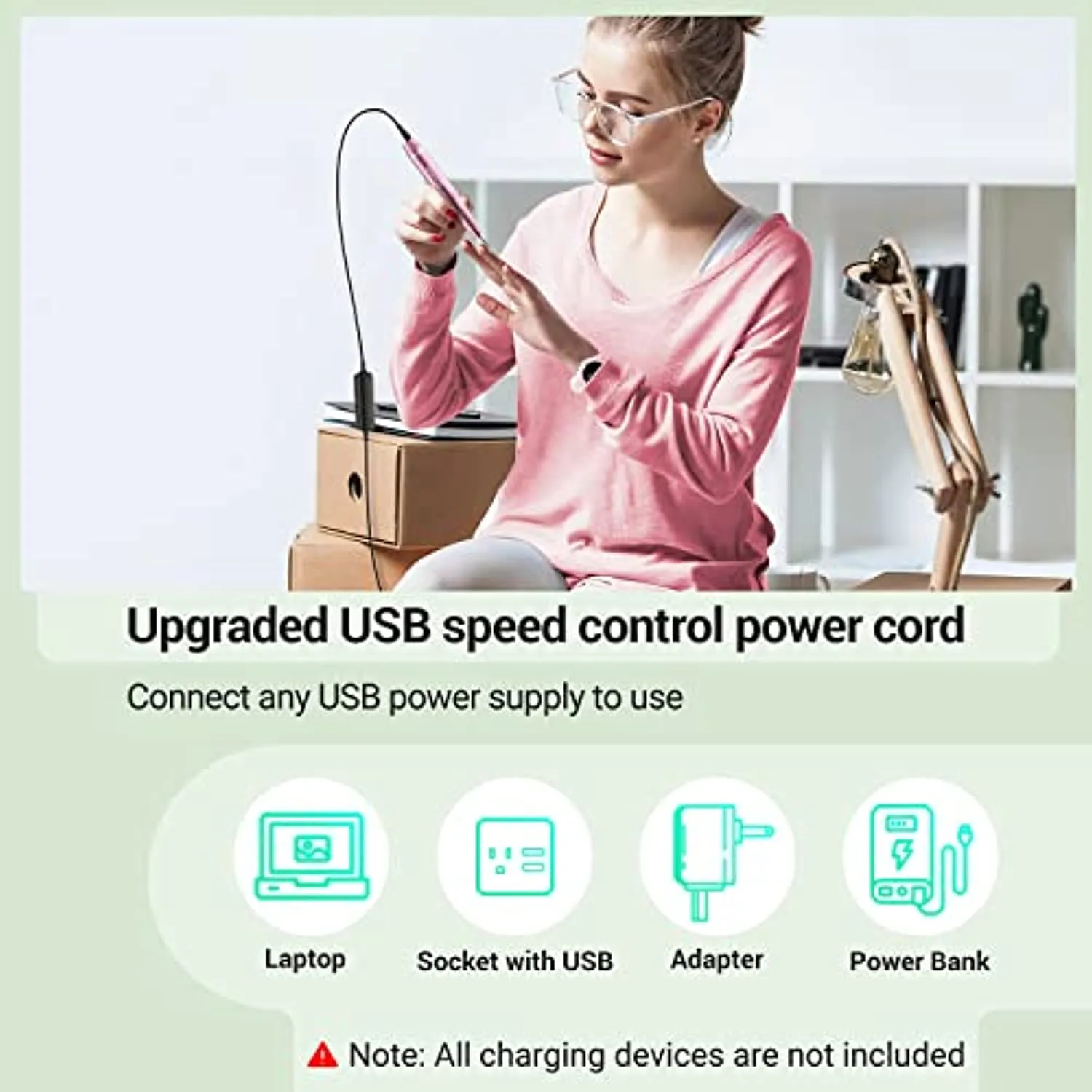 AIRSEE USB Portable Electric Nail Drill Professional Efile Kit for Acrylic, Gel Nails, Polishing Shape Tools with 6Pcs Nail Drill Bits, 26 Sanding Bands, Glass Nail File, Nail Brush (Pink)