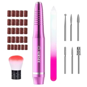 AIRSEE USB Portable Electric Nail Drill Professional Efile Kit for Acrylic, Gel Nails, Polishing Shape Tools with 6Pcs Nail Drill Bits, 26 Sanding Bands, Glass Nail File, Nail Brush (Pink)