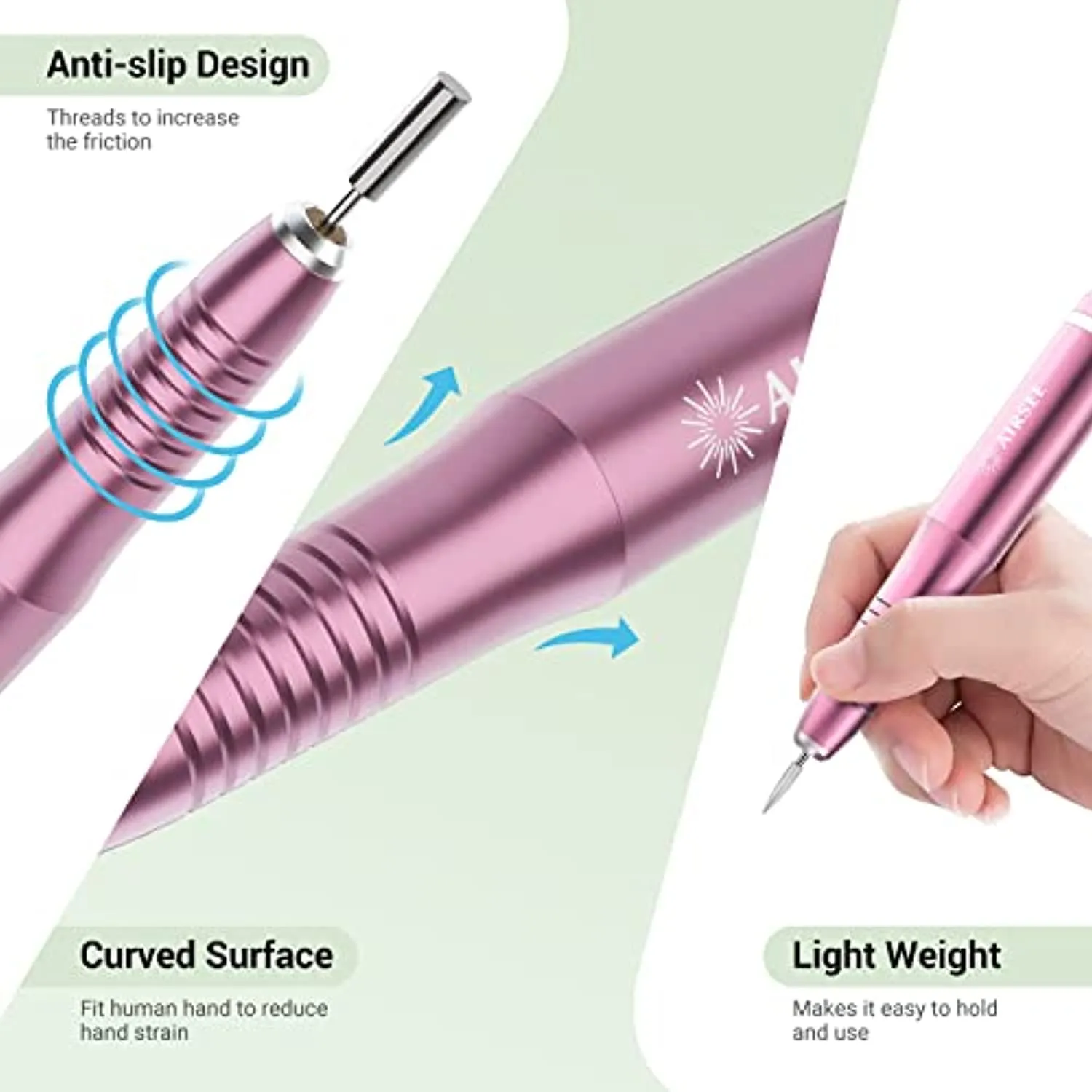 AIRSEE USB Portable Electric Nail Drill Professional Efile Kit for Acrylic, Gel Nails, Polishing Shape Tools with 6Pcs Nail Drill Bits, 26 Sanding Bands, Glass Nail File, Nail Brush (Pink)