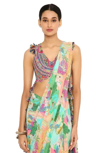 Akhira Grey Colour Embroidered Choli With Peach Kuno Print Georgette Pre-Stitched Saree