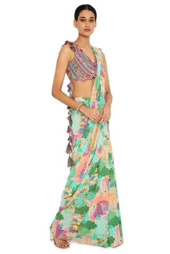 Akhira Grey Colour Embroidered Choli With Peach Kuno Print Georgette Pre-Stitched Saree