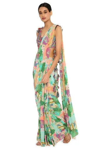 Akhira Grey Colour Embroidered Choli With Peach Kuno Print Georgette Pre-Stitched Saree