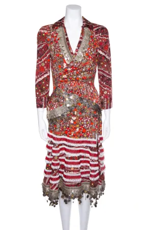 Altuzarra Red Multi Aztec Print Beaded Embellished Dress SZ 40