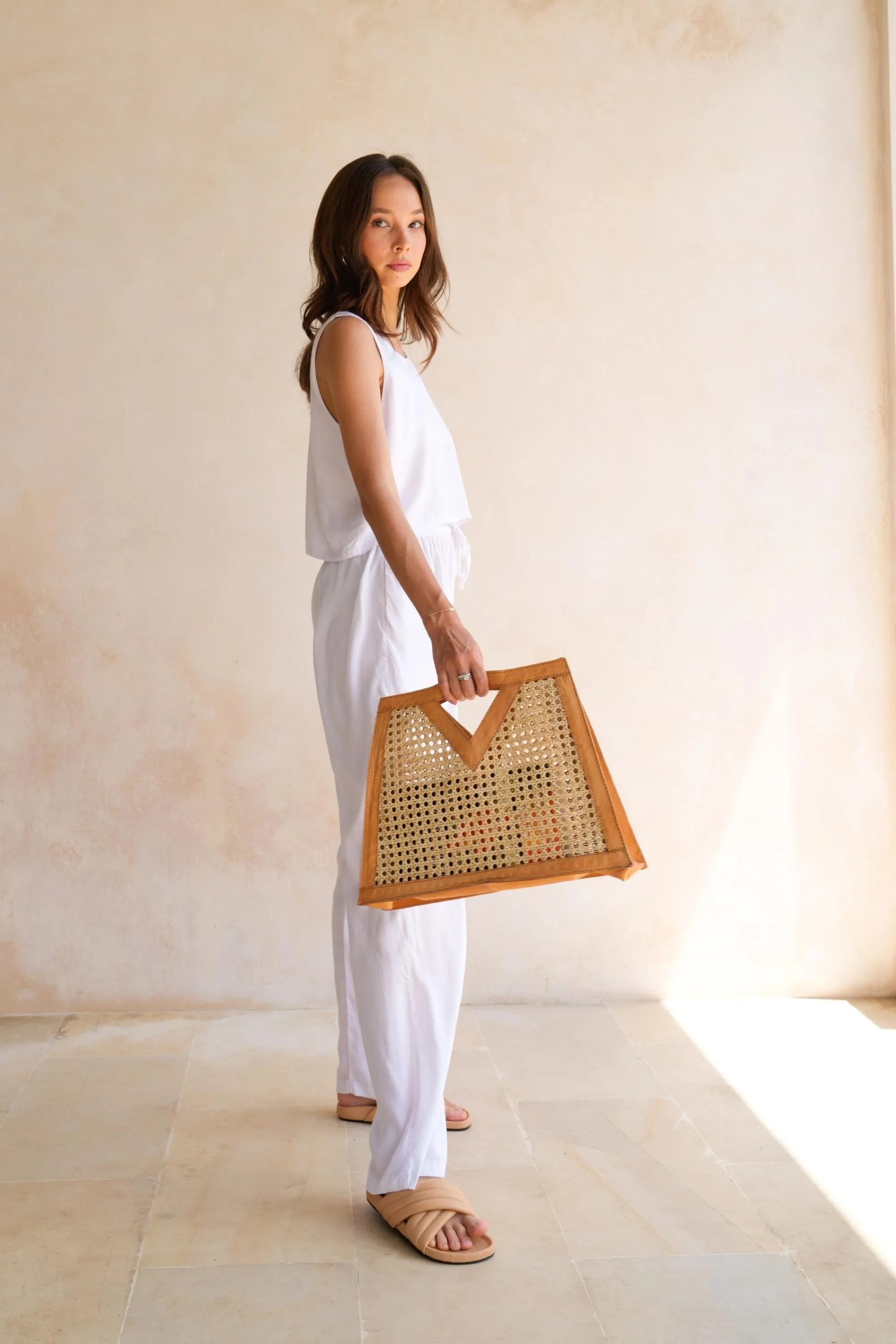 Anastasia Cane and Leather Clutch in Tan