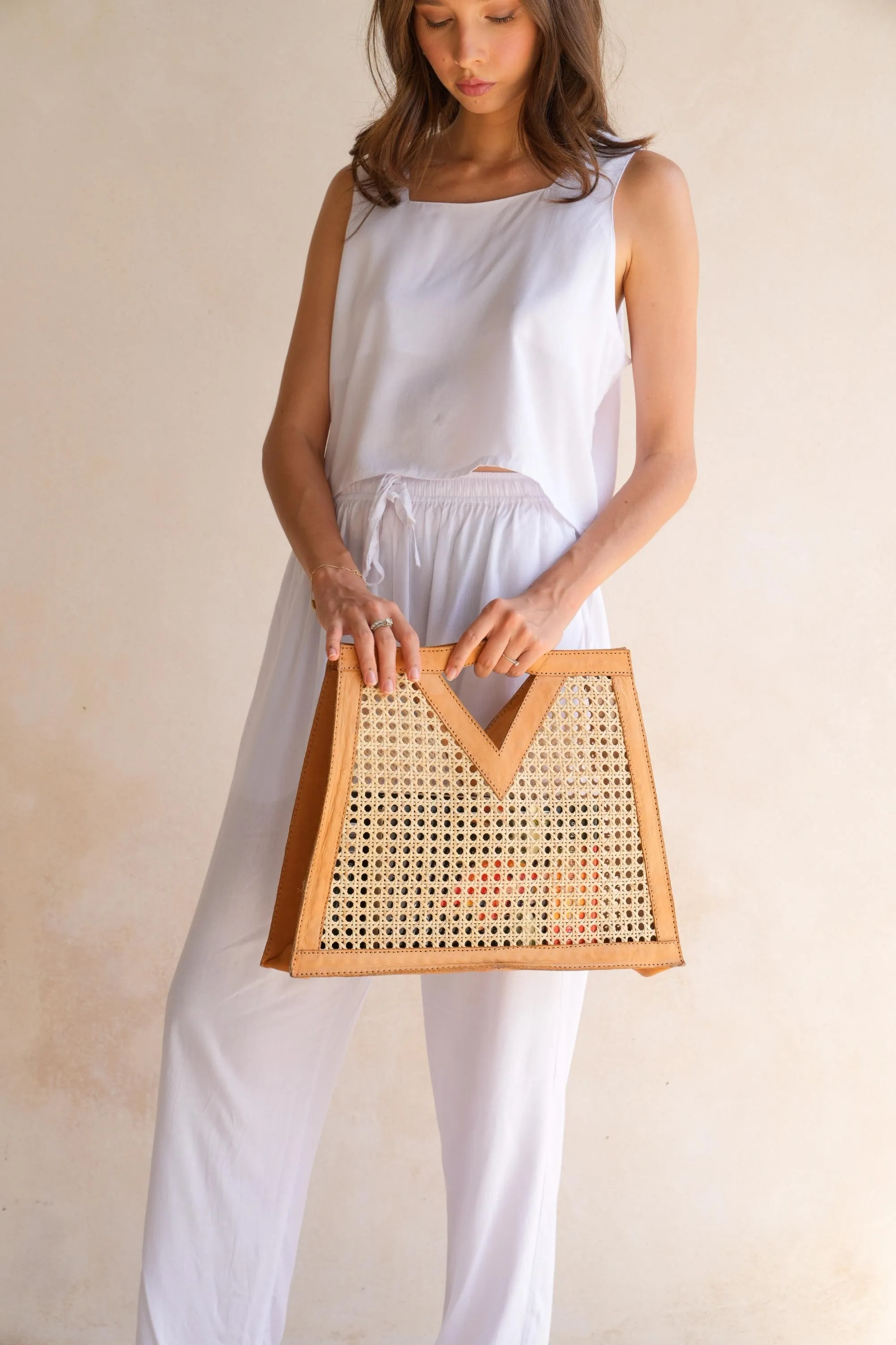Anastasia Cane and Leather Clutch in Tan