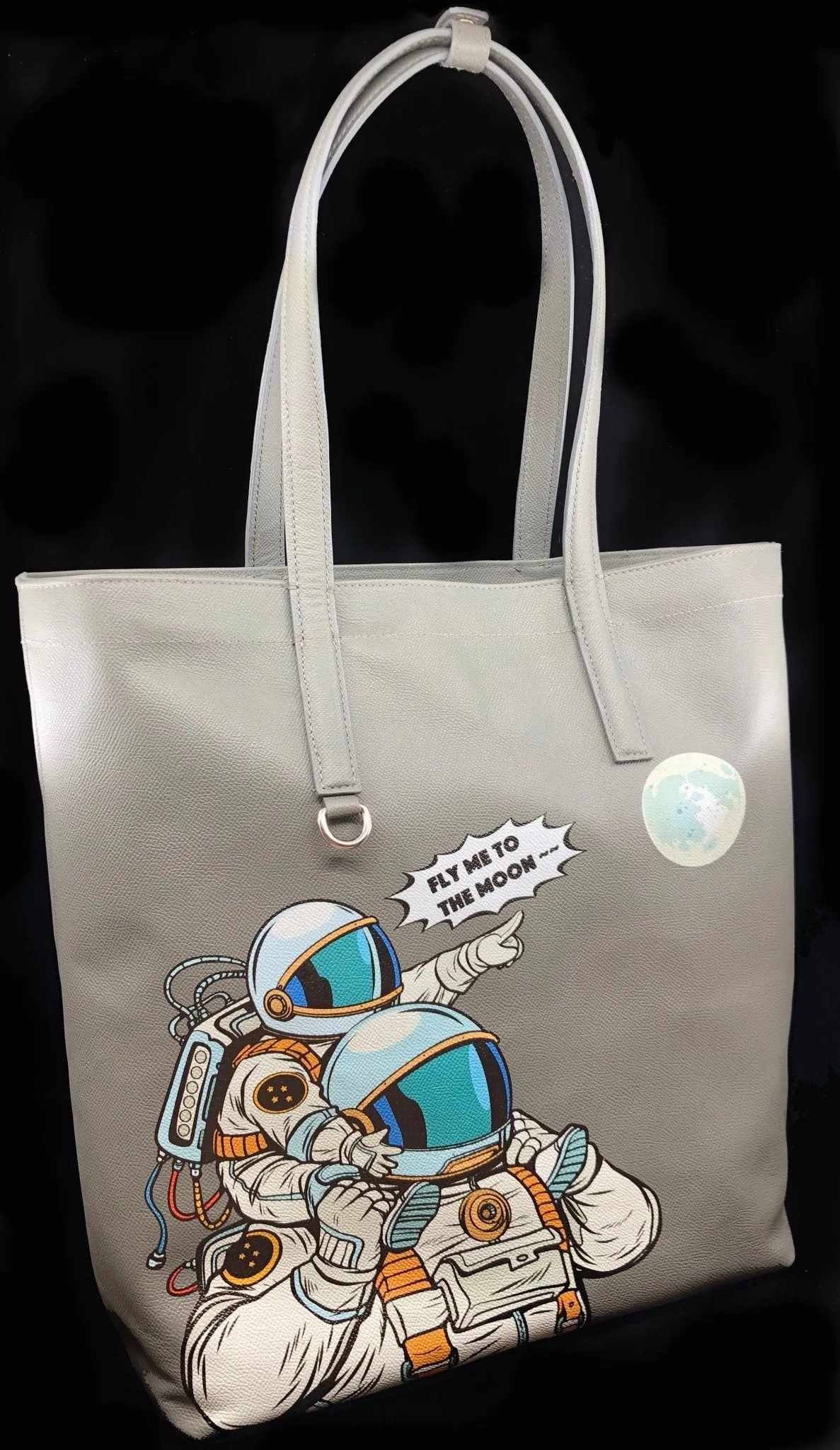 Astronaut Tote Bag with Art, Genuine Leather Tote Bag Lined, Space Tote Bag with a Moon, Space Gifts for Women Christmas, Astronaut Gift