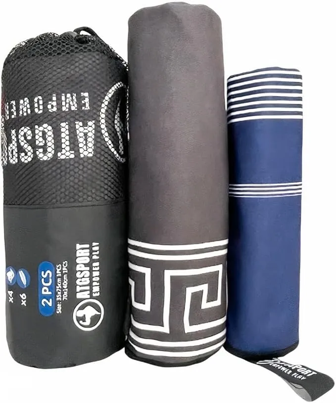 atgSport Microfiber Towel Set - Compact Quick Dry Gym Yoga Beach Towels (2 Pack) - Navy Blue & Black, ATGSPM1