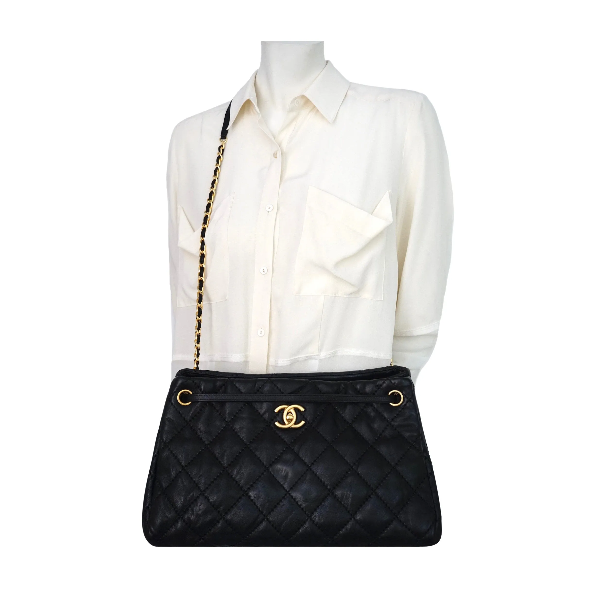Authentic Chanel Black Calfskin Modern Quilted Tote