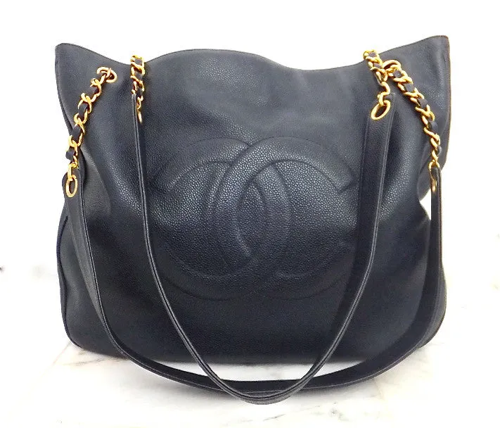 Authentic Chanel Vintage Navy Cavair Jumbo Tote